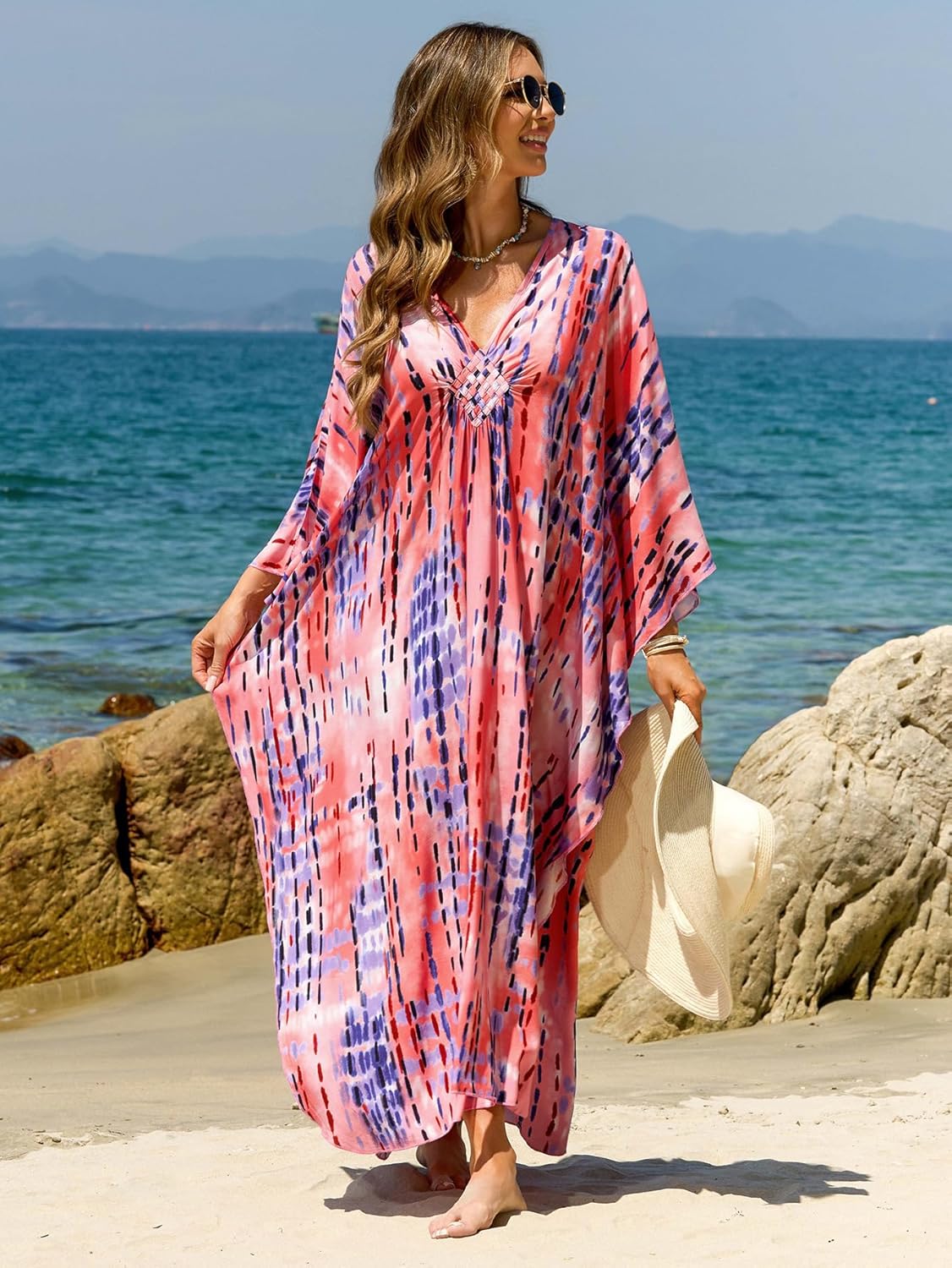 Kaftan Dresses for Women Plus Size V-Neck Moo Moos Batwing Kaftan Beach Dress Bathing Suit Cover-Up Loungewear - Image 6