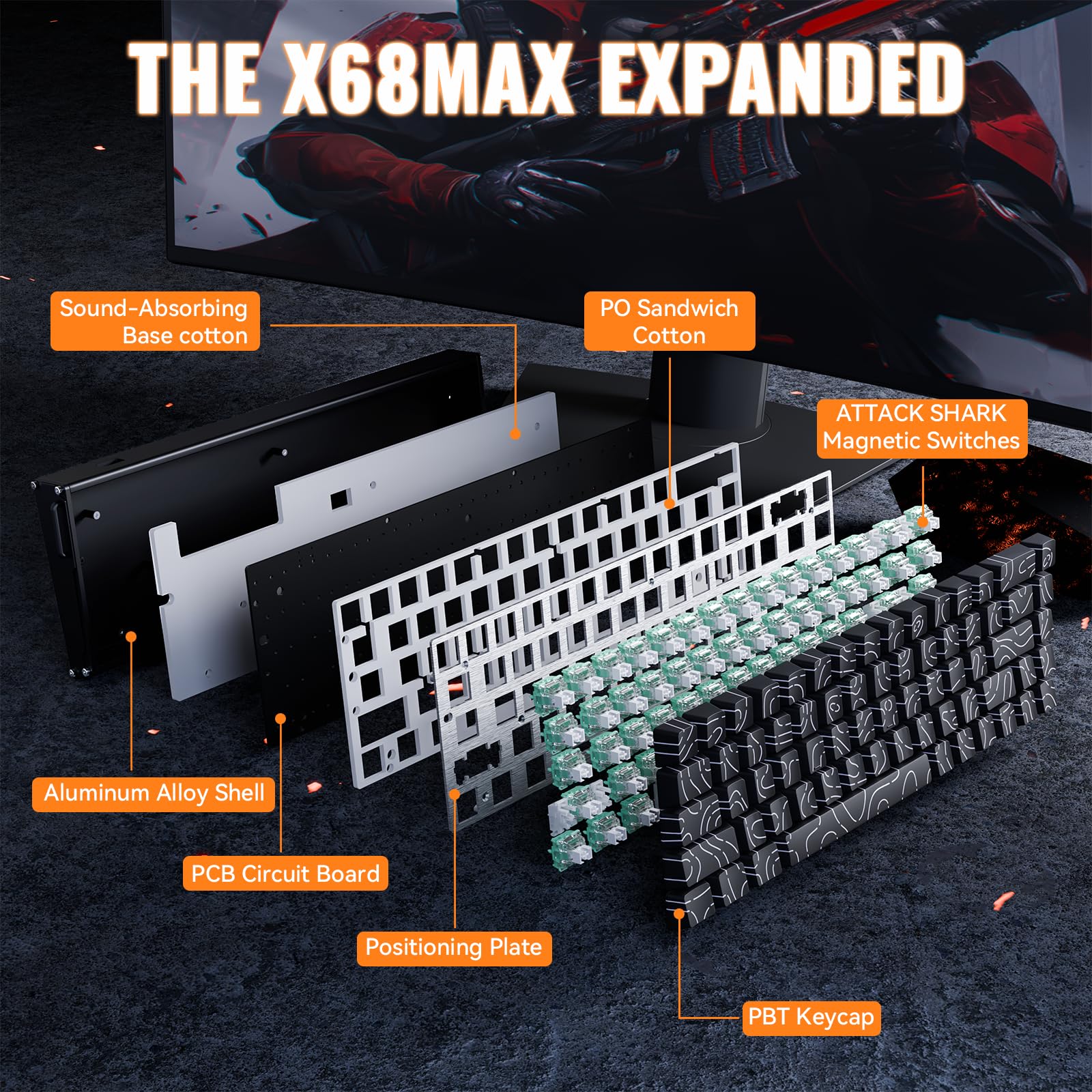 ATTACK SHARK X68MAX HE Teclado Gaming de Aluminio con Cable y Gatillo Rápido,Interruptores Magnéticos, Precisión RT de 0,005mm,Accionamiento Ajustable,8000Hz,Latencia de 0.08ms,RGB (Contornos Negros)