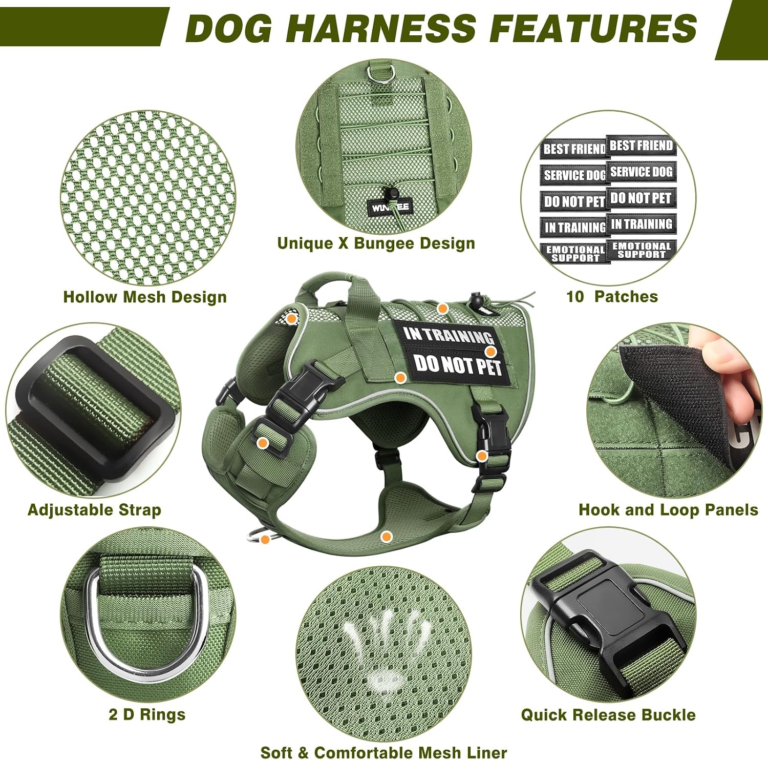 WINSEE Service Dog in Training Mesh Harness with 10 Pet Patches, Soft Air Mesh Breathable Tactical Dog Molle Vest, Reflective Military Pet Vest for Walking Hiking for Medium Dogs
