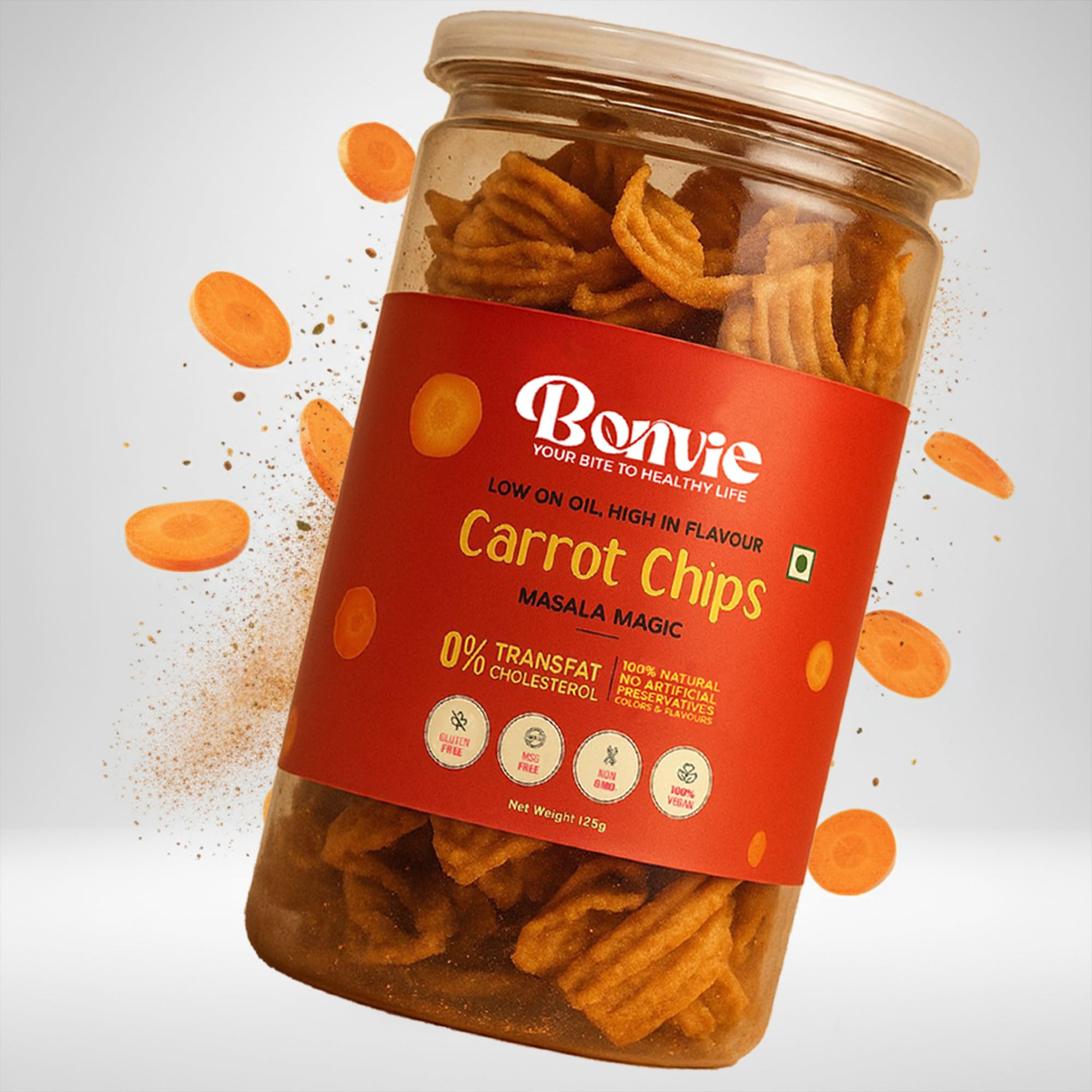 Bonvie Snacks Carrot Chips Light & Crispy, High in Fiber & Beta-Carotene, 100% Natural, No Preservatives, No Palm Oil, Vegan, Gluten-Free, Antioxidant-Rich Healthy Snack (Pack of 1) 125 g