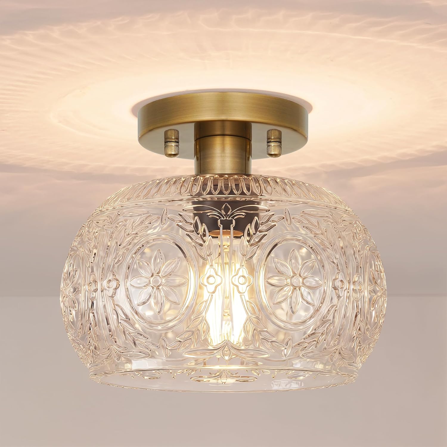 Gold Semi-Flush Mount Ceiling Light with Globe Glass – Vintage Ceiling Lighting for Hallway, Kitchen, Entryway, Bathroom & Closet, Glass Hallway Lighting Fixture
