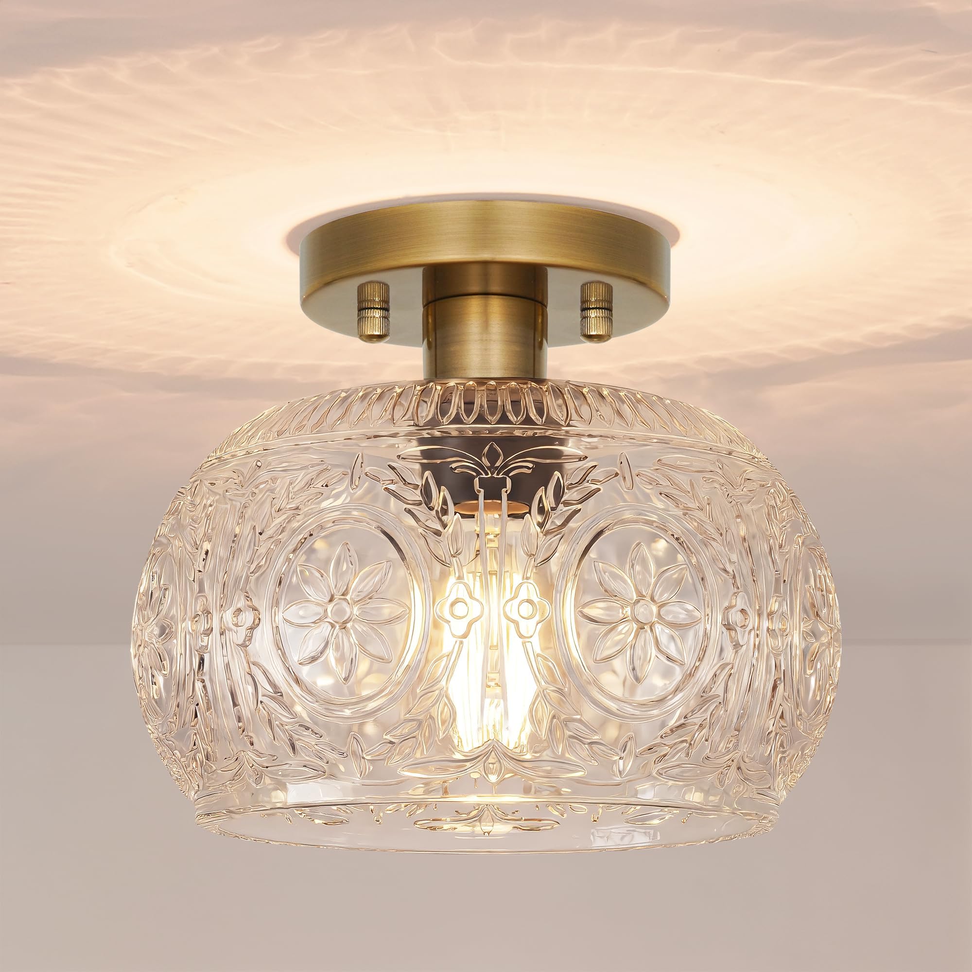 Gold Semi-Flush Mount Ceiling Light with Globe Glass – Vintage Ceiling Lighting for Hallway, Kitchen, Entryway, Bathroom & Closet, Glass Hallway Lighting Fixture