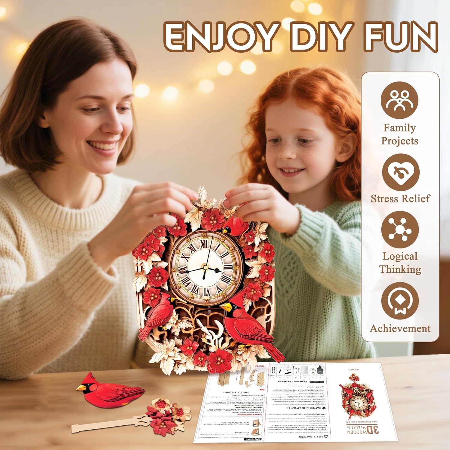 Cutywood 3D Puzzles for Adults Clock-Cardinal Design Model Kit-Mechanical DIY Pendulum Clock with Roman Numerals-Desk Home Office Decor Personalized Gift for DIY Lovers