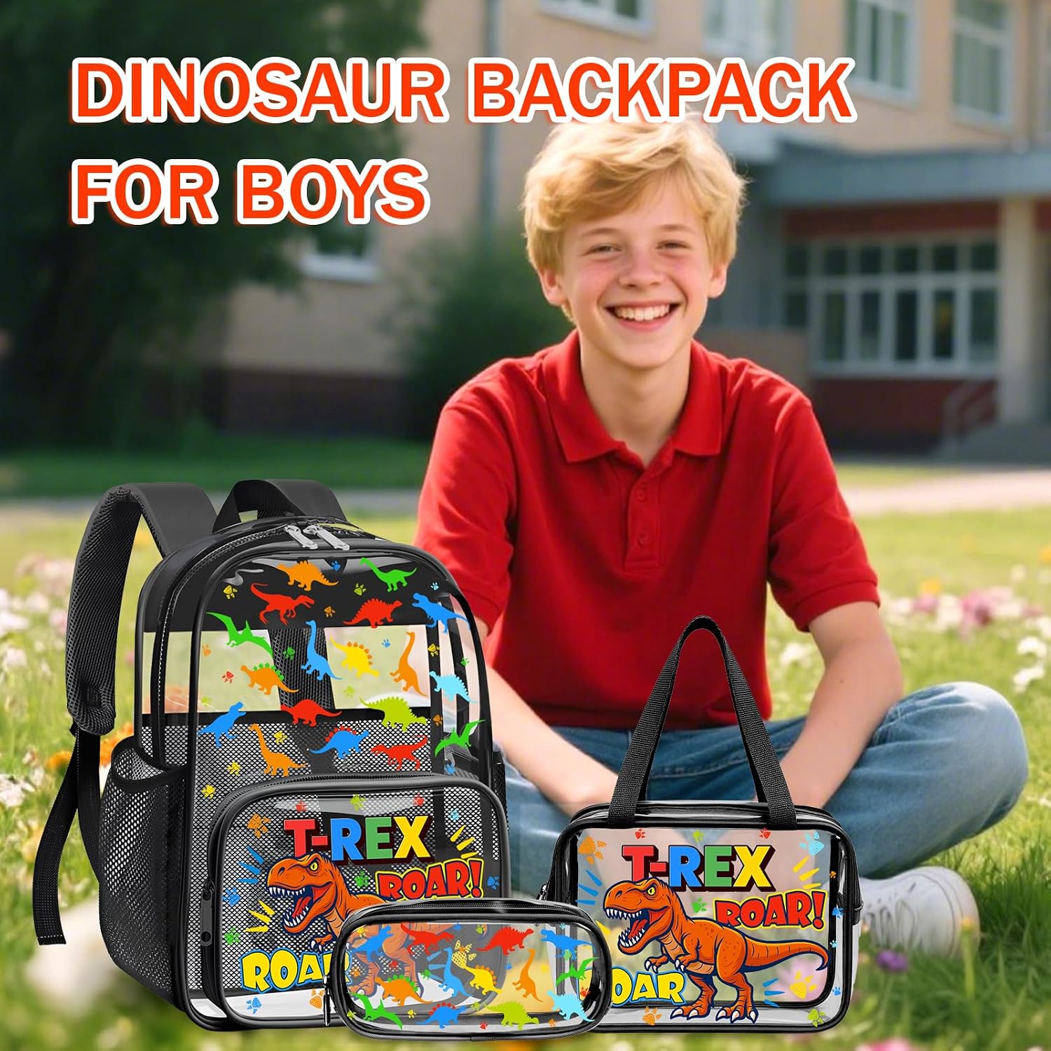 SHPMXUPW 3PCS Clear Black Backpack for School - Dinosaur Kids Clear Backpacks for Boys and Girls, Heavy Duty Transparent Bookbag with Lunch Bag and Pencil Case - See Through PVC Transparent Bookbag