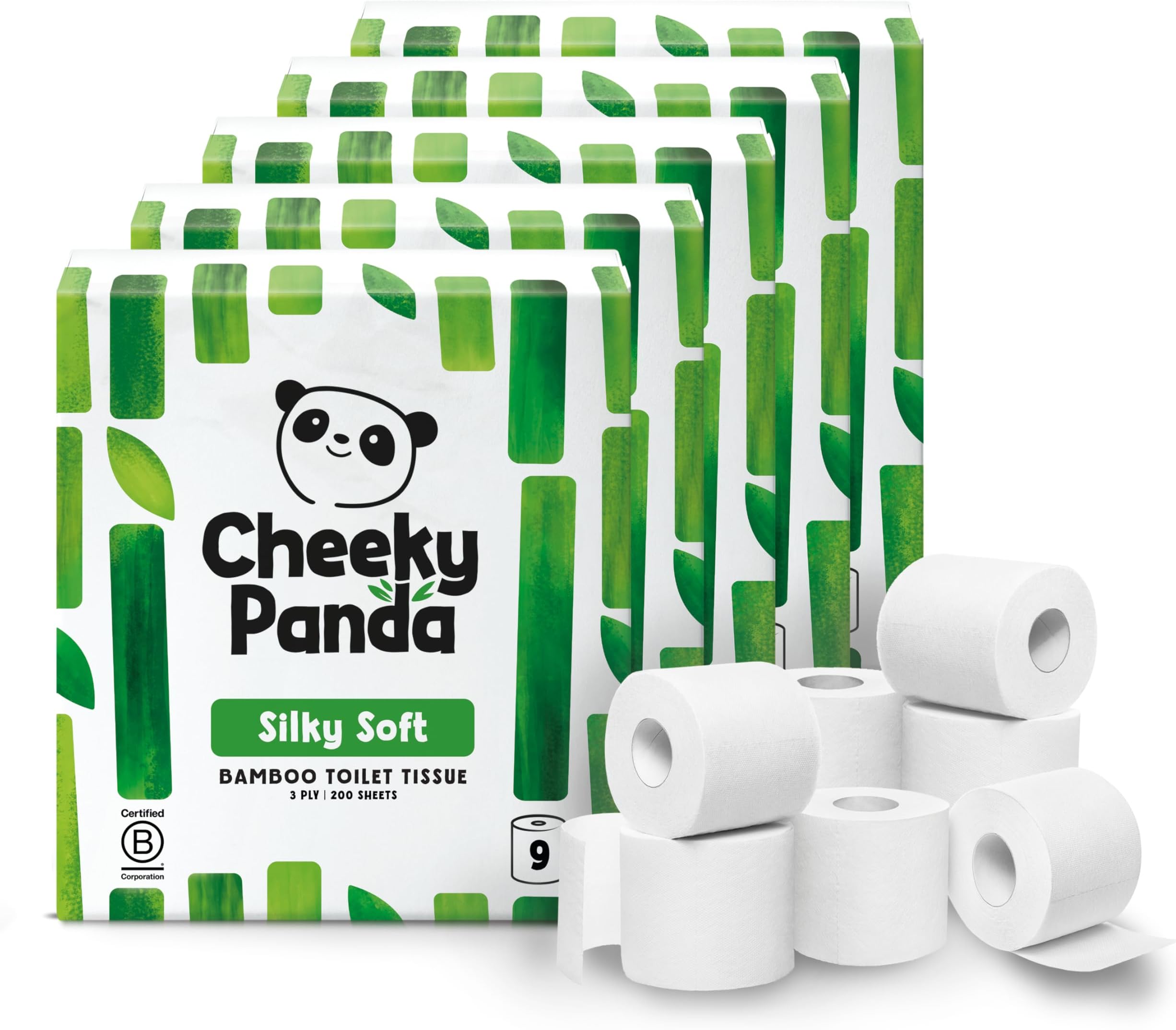 Bamboo Toilet Tissue Paper | Bulk Box of 45 Rolls (3 Ply, 200 Sheets) | Hypoallergenic, Plastic-Free, Eco-Friendly, Super Soft, Strong & Sustainable,9 Count (Pack of 5)