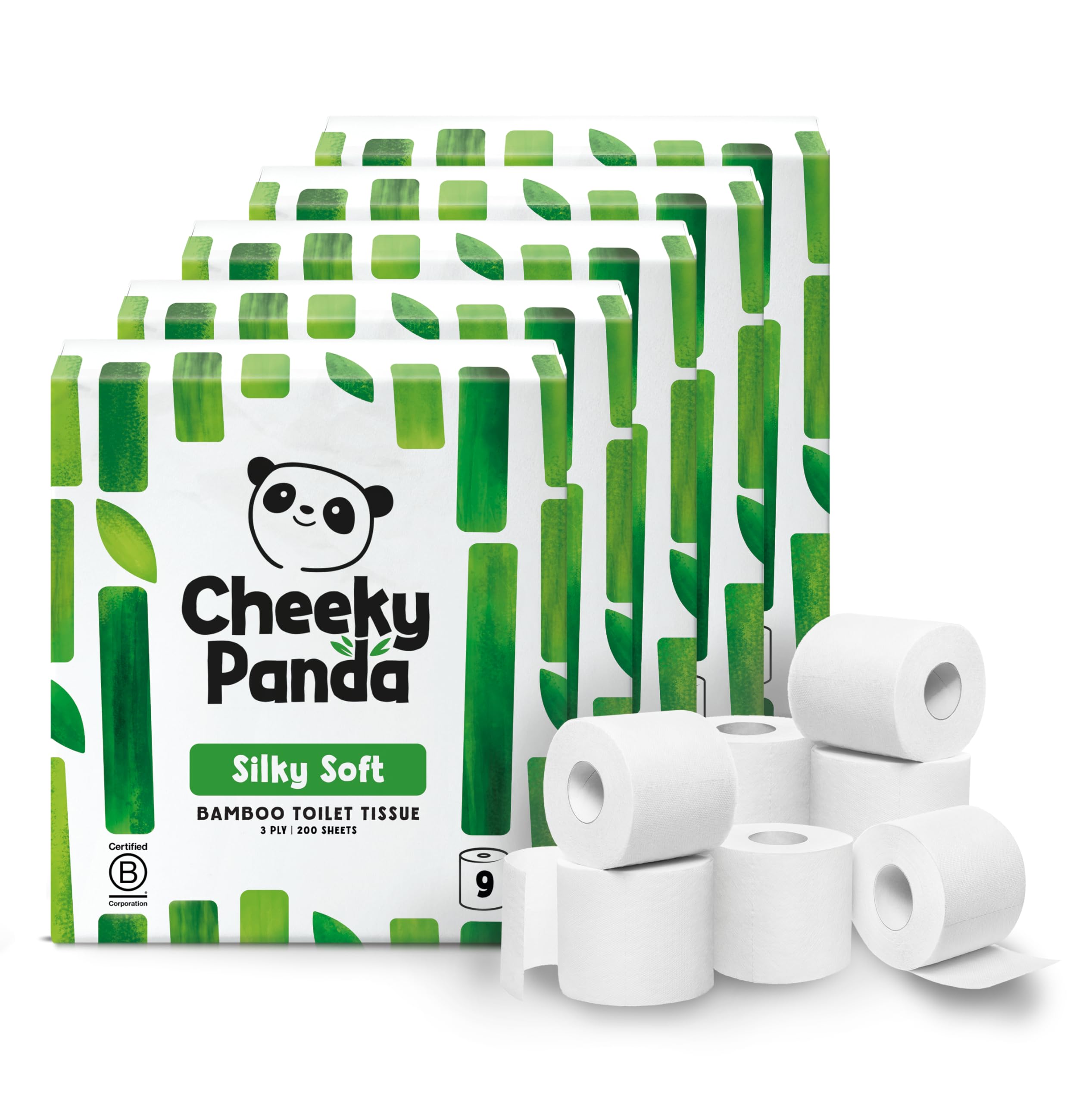The Cheeky Panda Bamboo Toilet Paper Bulk | 45 Rolls (5 Packs of 9 Rolls) | Strong 3 - Ply Bamboo Tissue Paper | Plastic Free Packaging