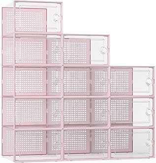 Kuject X-Large Shoe Storage Boxes Organizers for Closet 12 Pack, Fit Size 11,Clear Plastic Stackable Sneaker Containers for Entryway, Space Saving Shoe Rack Holder (Pink, 12 Packs)