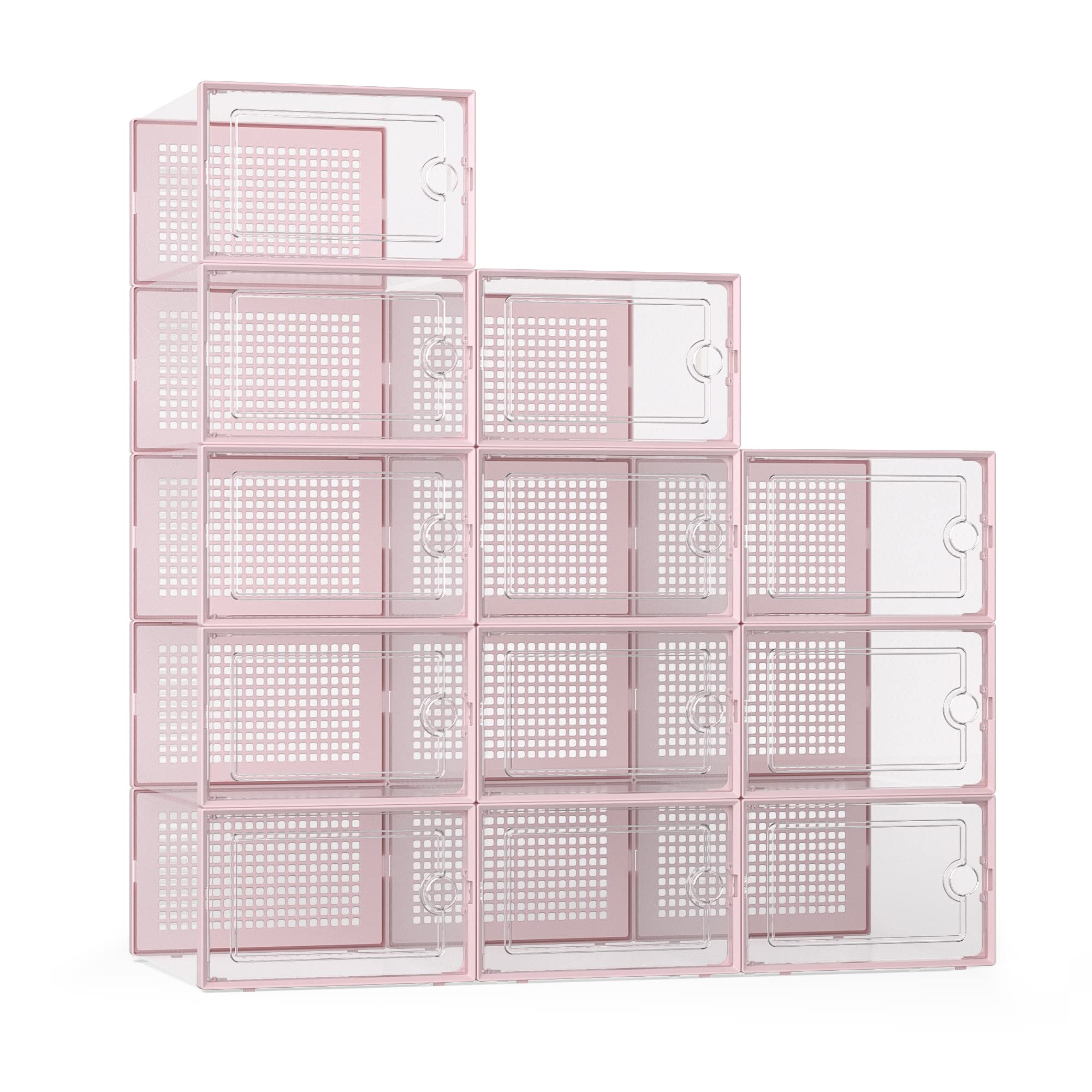 Kuject X-Large Shoe Storage Boxes Organizers for Closet 12 Pack, Fit Size 11,Clear Plastic Stackable Sneaker Containers for Entryway, Space Saving Shoe Rack Holder (Pink, 12 Packs)