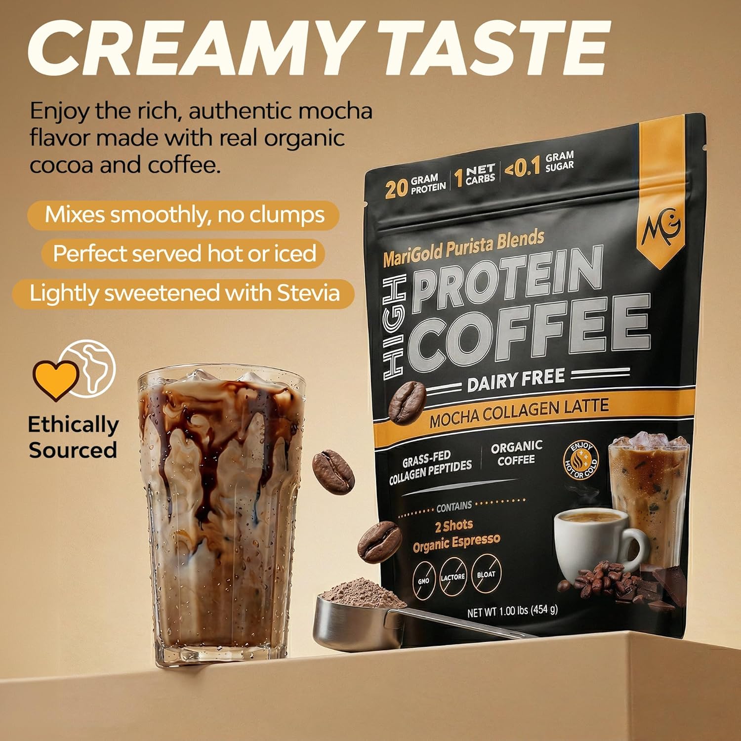 MariGold High Protein Collagen Coffee - Mocha Collagen Latte, Dairy Free, 20g Grass-Fed Type I & III Collagen Peptides, Energy Boost, 2 Shots Organic Espresso, Non-GMO, 1 Lb Bag, 15 Servings