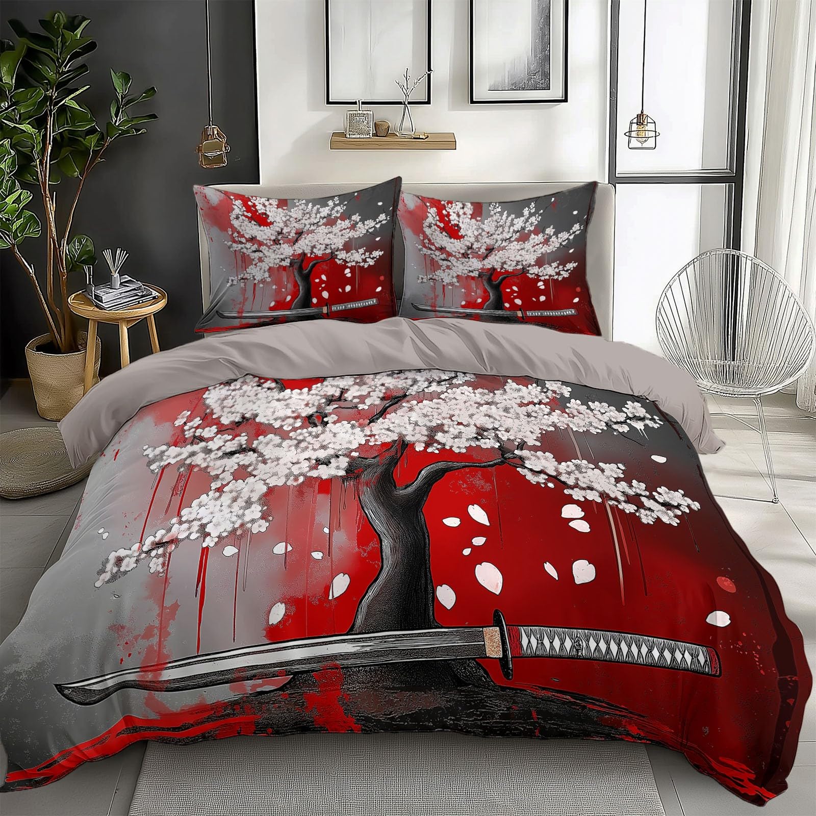 Juego de Fundas Nórdicas Suave 3 Piezas para Cama 105 - Cerezo japonés Patrón Funda Edredón Poliéster Algodón 200 x 200 cm + 2 Funda de Almohada 50x75, Patrón Moderna de Estampado, Gris pardo