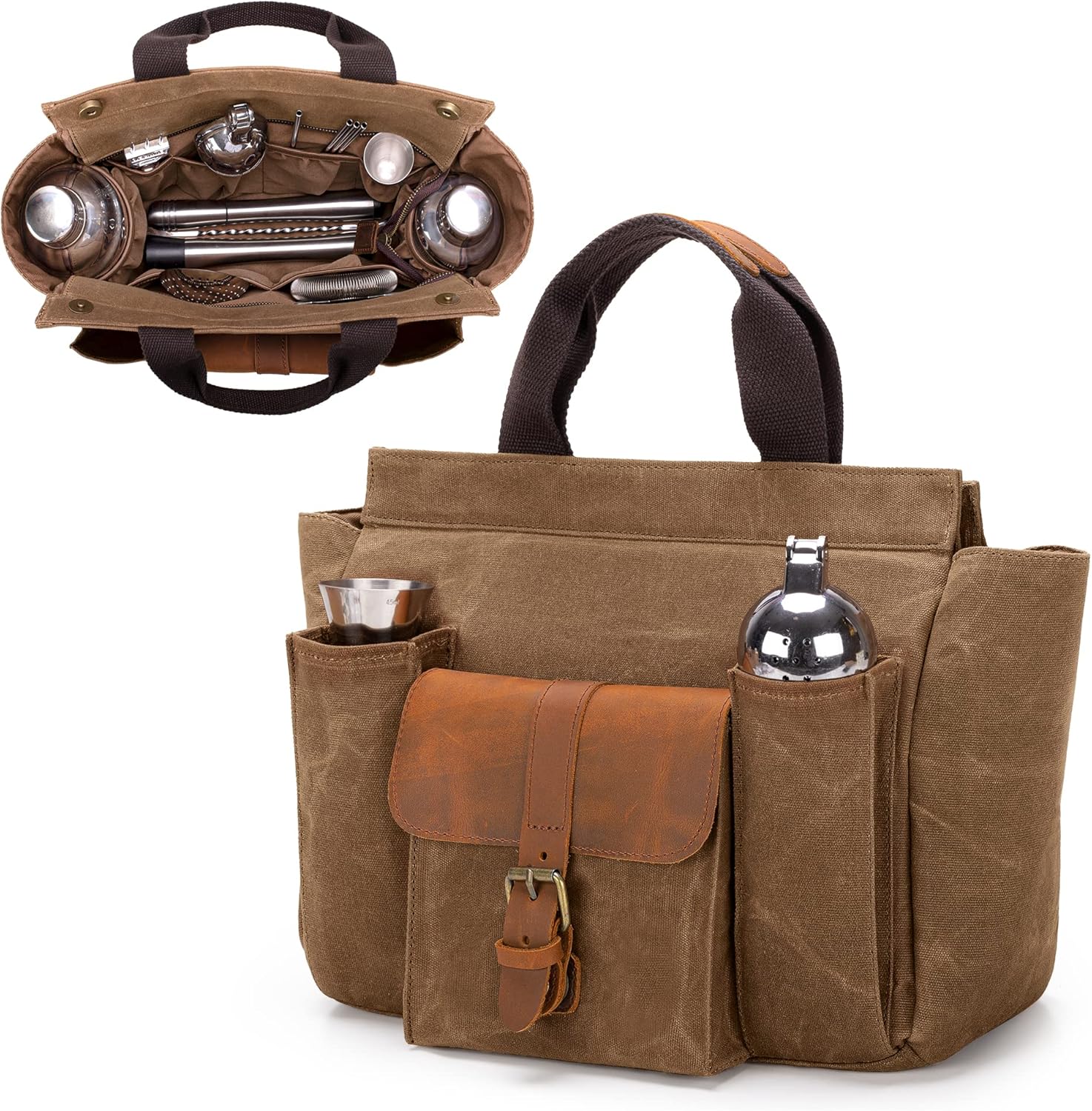 LoDrid Tote Bartender Bag, Genuine Leather Waxed Canvas Portable Carrying Cocktail Shaker Kit Bag with Handle for Travel Home Indoor Outdoor Party (Bag Only)(Patent Design)