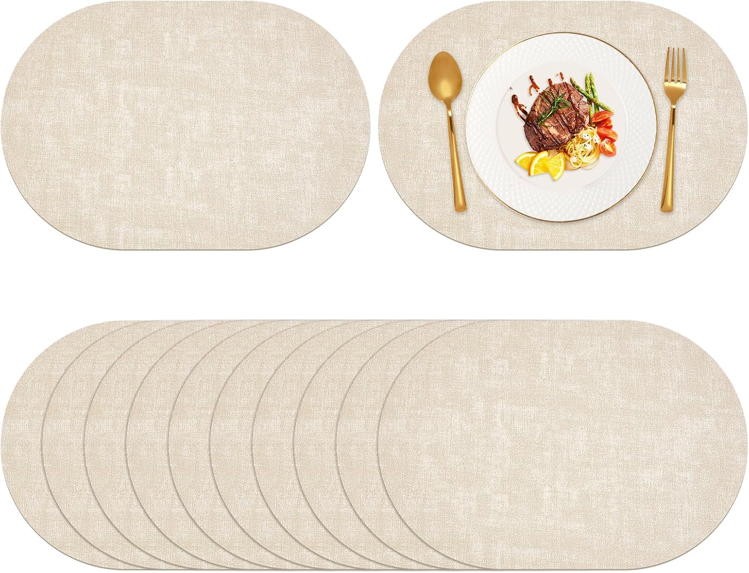 Oval Placemats Set of 12 - Washable & Heat Resistant Table Mats, Non-Slip Faux Leather Dining Decor, Waterproof Easy Clean Kitchen Place Mats for Room Coffee Office，Beige