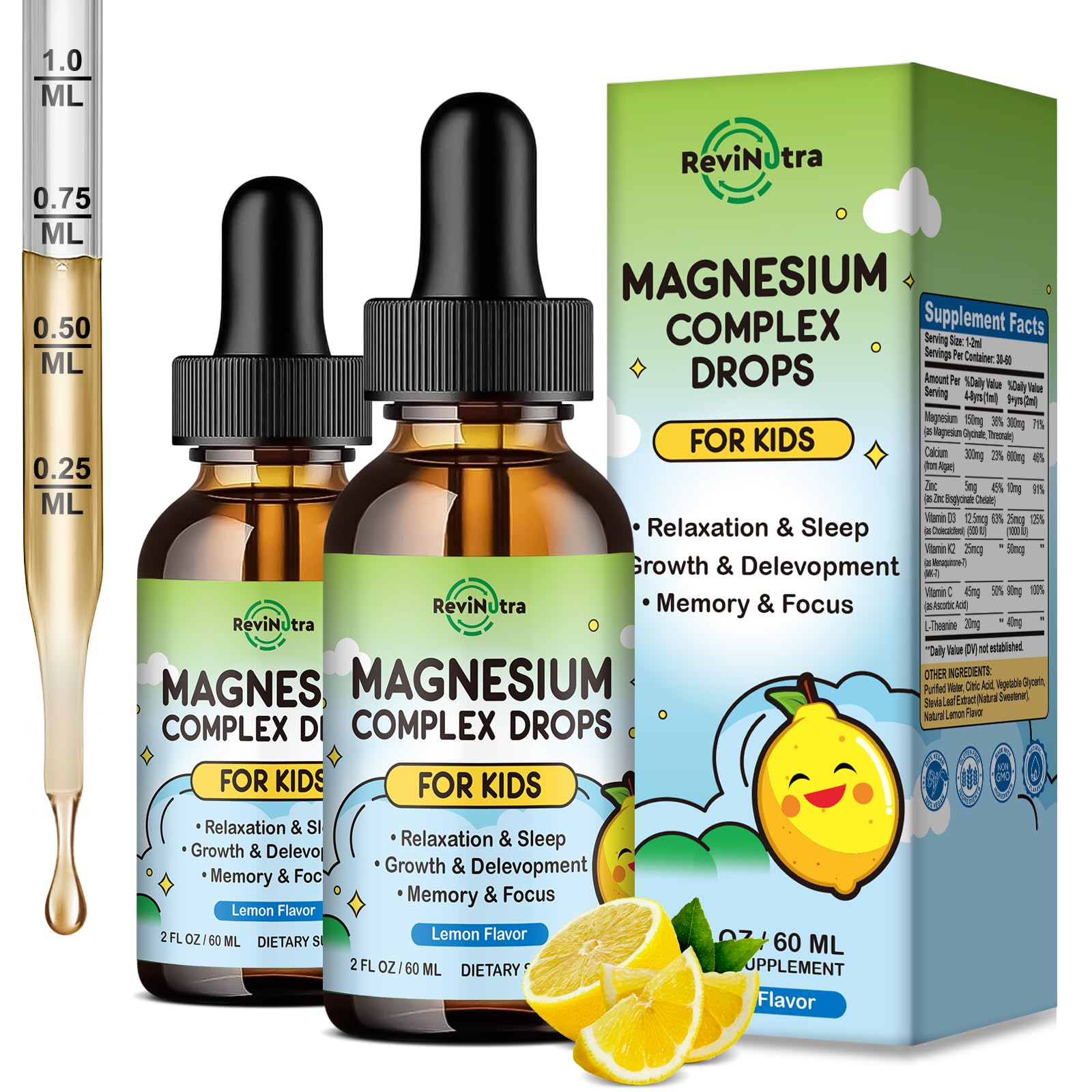 Kids Magnesium Liquid Drops - Magnesium Glycinate Liquid for Kids, Magnesium Supplement with L-Theanine, Calcium, Zinc, Vitamin D3 K2 for Sleep Calm Relaxation Brain Bones, Pineapple Flavor 2 Fl Oz — Amazon image 9