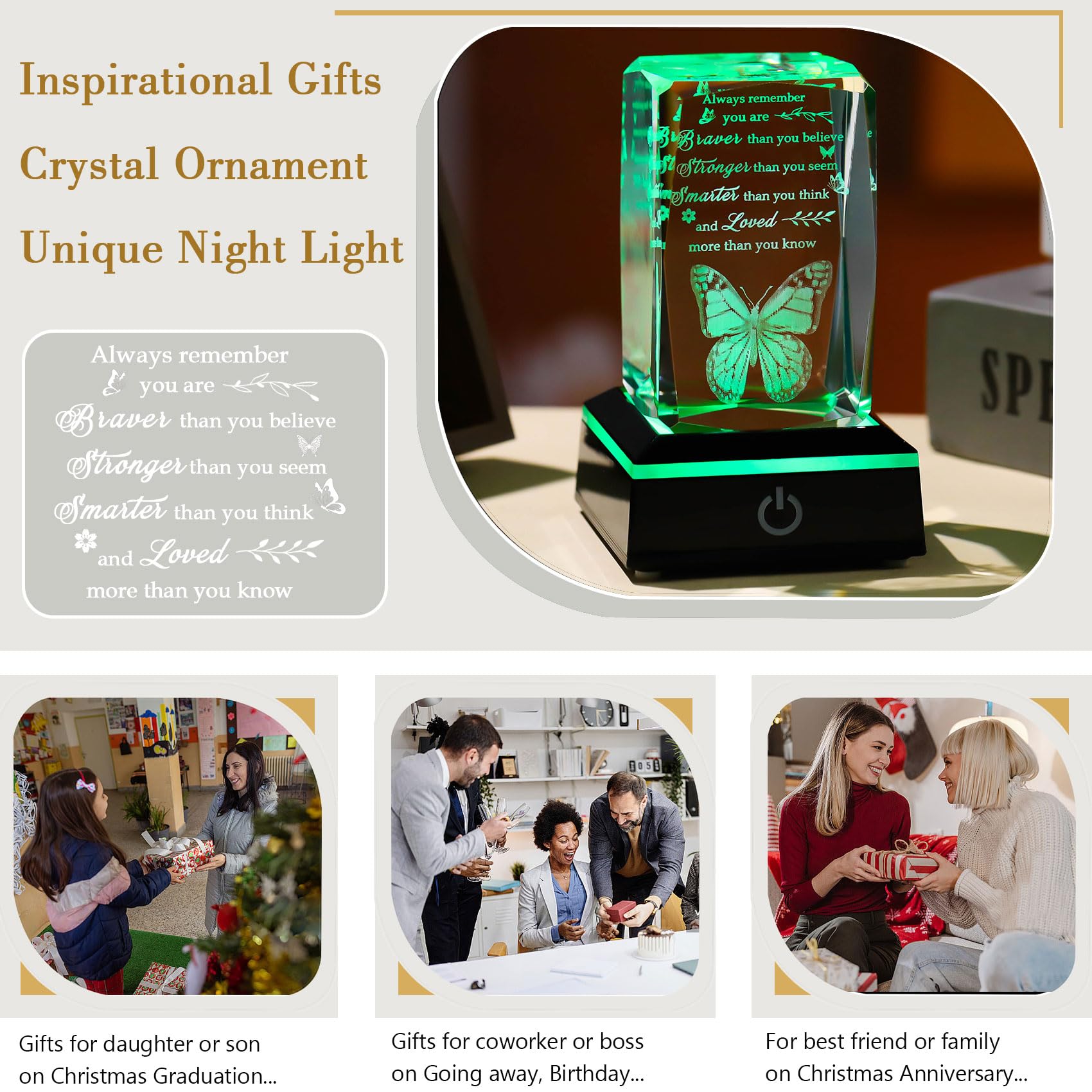 3D Crystal Butterfly LED Light - Inspirational Quote Glass Plaque With Color-Changing Base - View #3