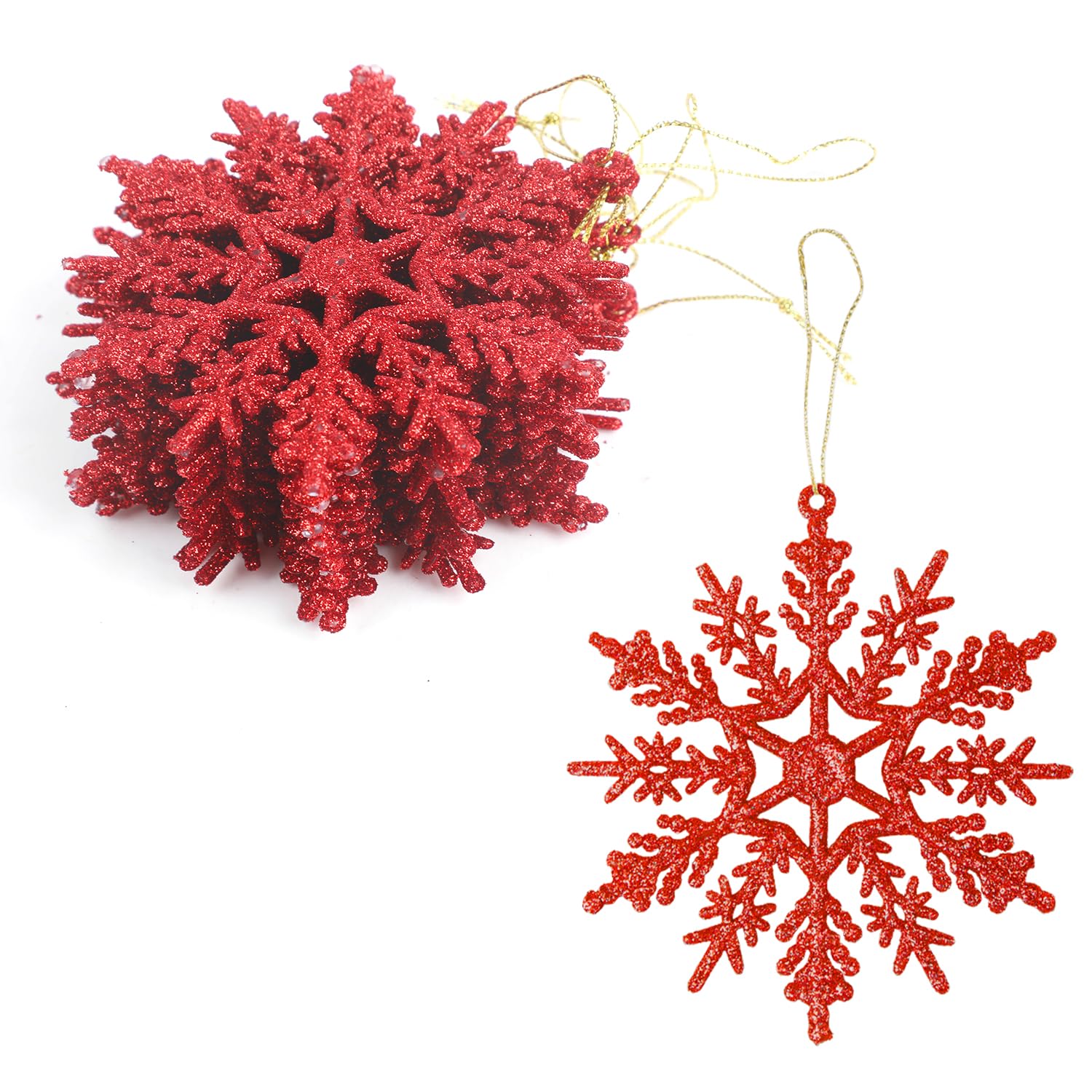 Veylin Red Christmas Hanging Decorations, 12Pcs Glitter Snowflake Ornaments For Trees (Red)