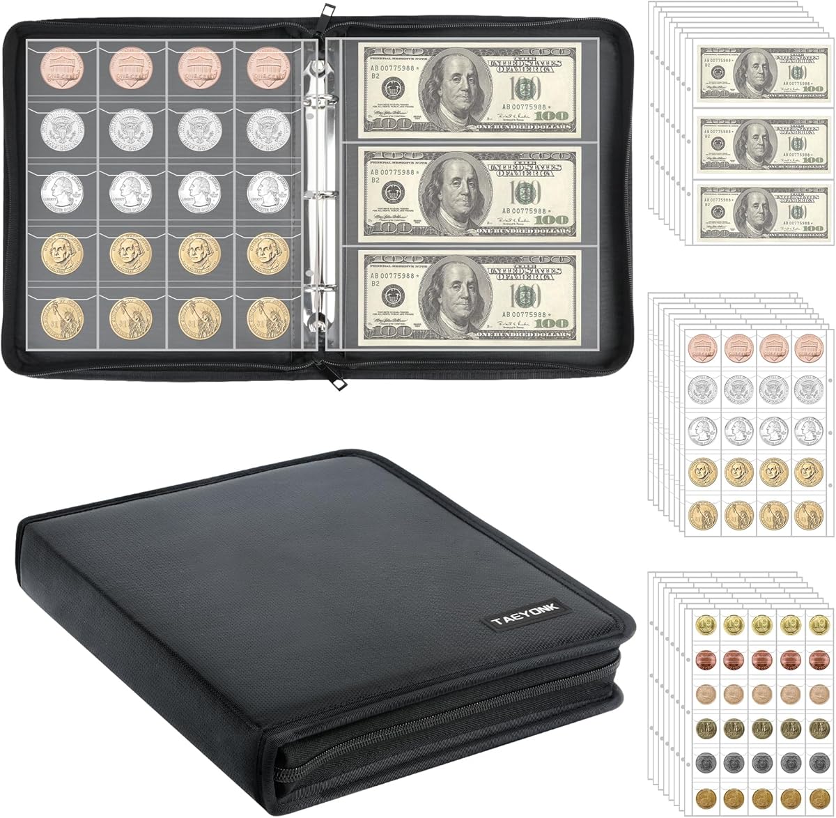 Coin Collection Book Holder for Collectors, 520 Pockets Fireproof Coins Collecting Album & 36 Sleeves Money Storage Case for Coin Currency Collection Supplies, Bill, Pennies, Quarters, Stamp