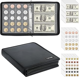 Coin Collection Book Holder for Collectors, 520 Pockets Fireproof Coins Collecting Album & 36 Sleeves Money Storage Case for Coin Currency Collection Supplies, Bill, Pennies, Quarters, Stamp