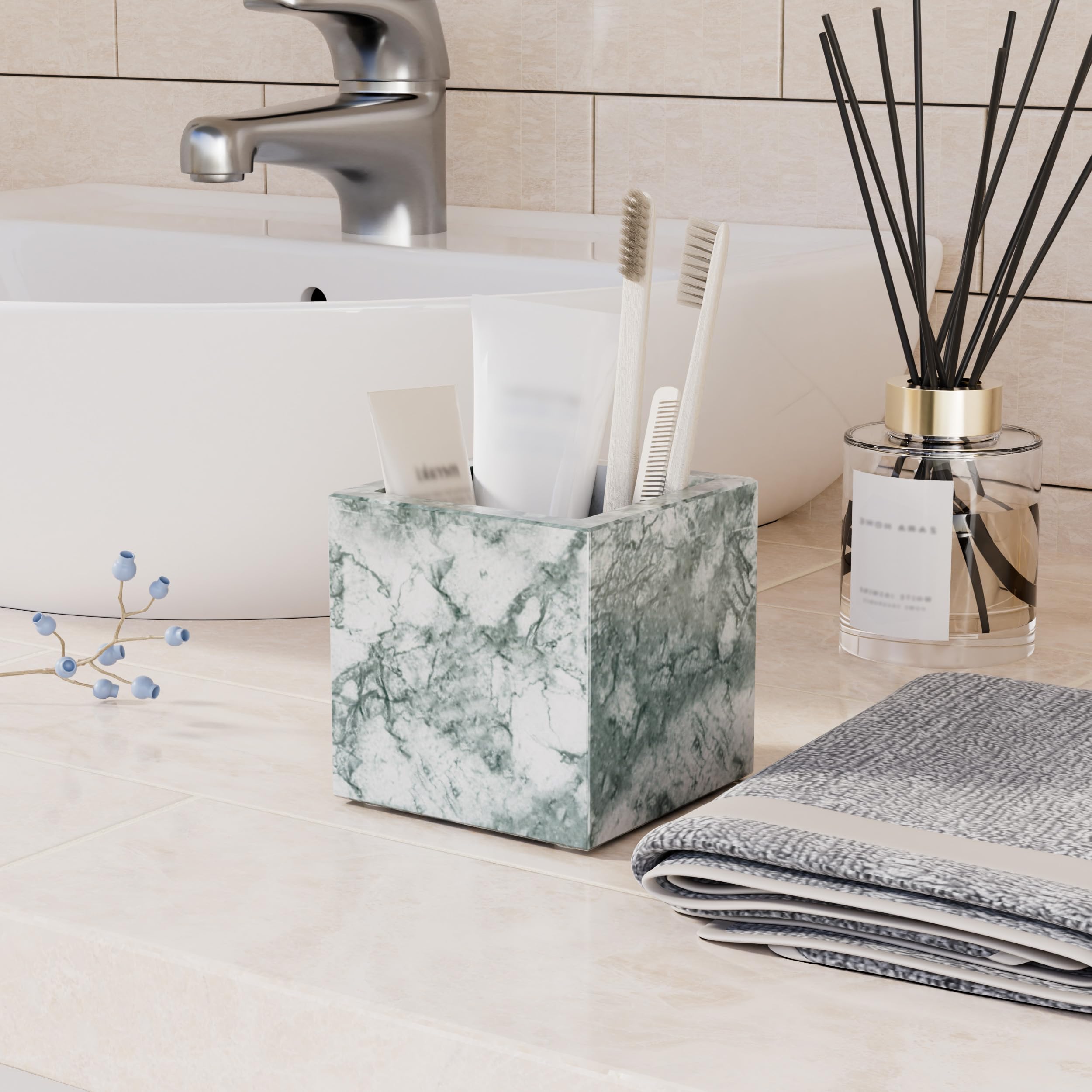 Portaspazzolino da Bagno in Marmo Naturale,10x10x10cm,Texture Verde | Porta Spazzolini con Cuscinetto Antiscivolo,Supporto per Spazzolino,Coppa di Pennello per il Trucco in Pietra con Motivi