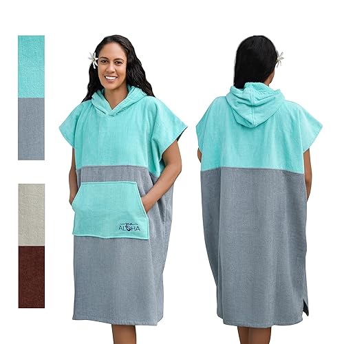 Sea Aloha Surf Poncho Women - Towel Poncho - Hooded Towel Adult - Changing Poncho – 100% Cotton Towel Poncho - Poncho Beach Towel - Surf, Beach, Pool, Boat (Turquoise/Gray)