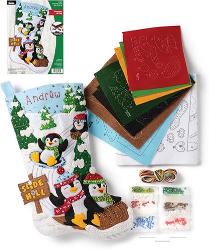 Kit de calcetín de fieltro Bucilla de 45.72 cm con aplicación de pingüinos jugando, perfecto para manualidades y artesanías DIY, 89481E