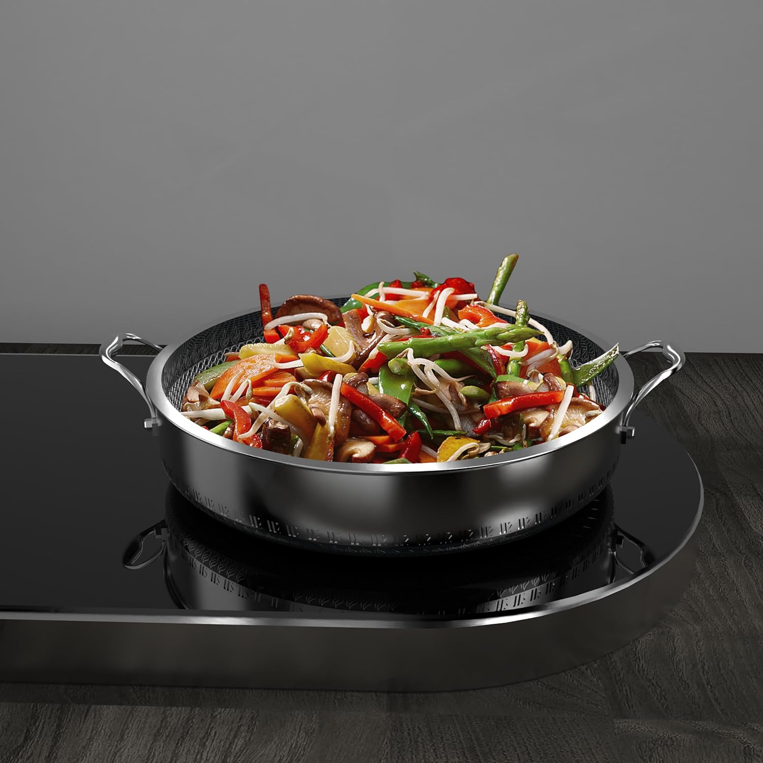316L Stainless Steel 8QT Frying Pan Hex Nonstick Wok with Lid, Two Handle to Hold, PFOA Free, Dishwasher Oven Safe (8QT)