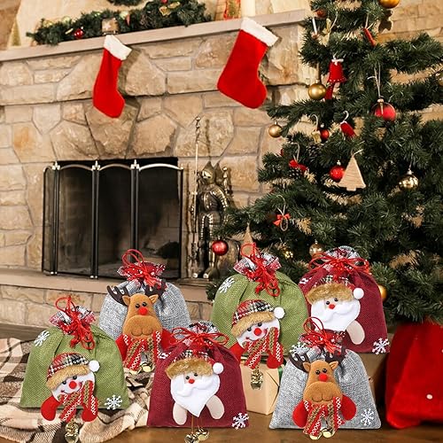 Miniatura 5 de SHANGRLA Bolsas de regalo de muñeca con cordón de Navidad con diseños de muñeco de nieve, renos, Papá Noel, oso  Bonitas bolsas de regalo de tela de