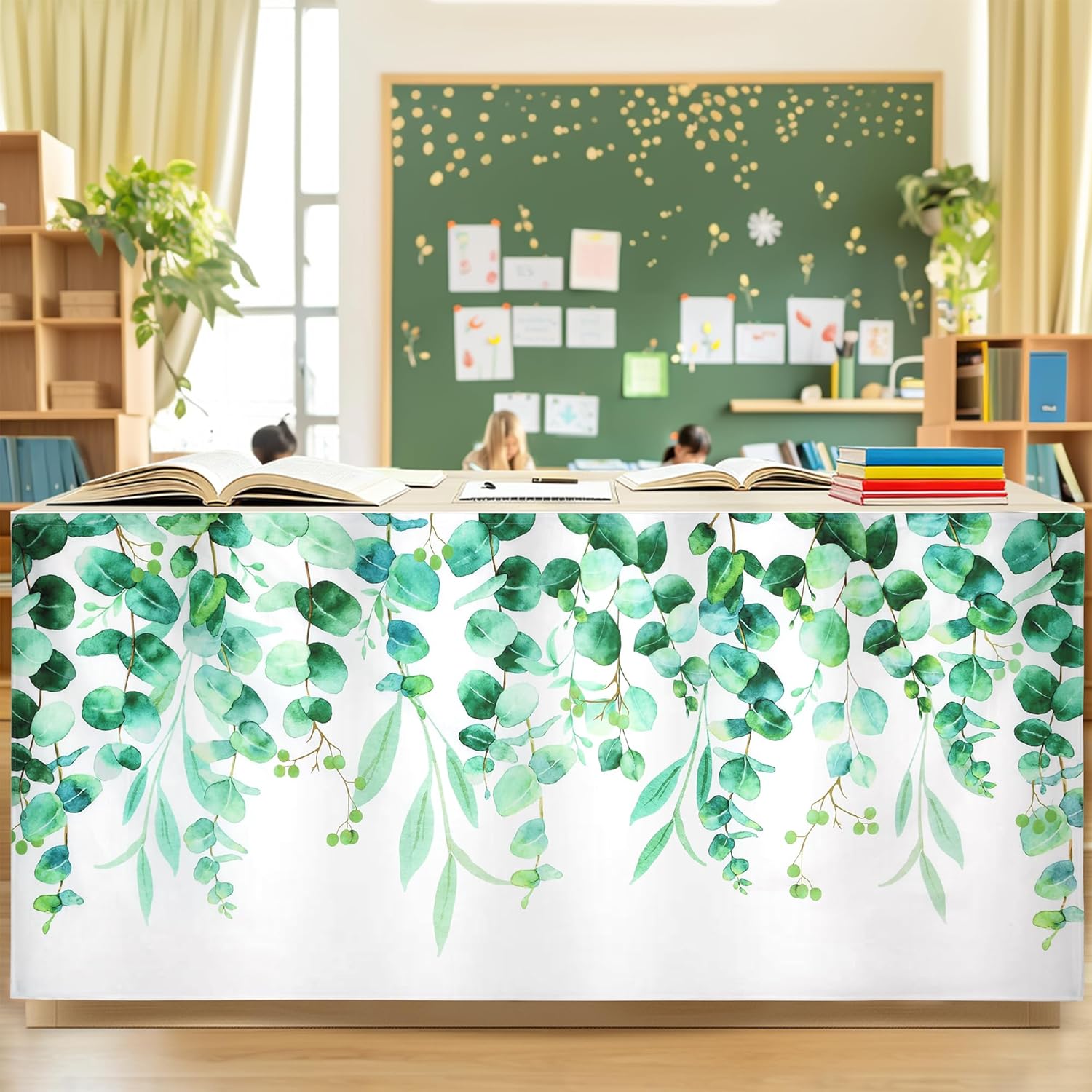 12FT Eucalyptus Leaf Table Skirt for Teacher Desk Velvetlike Rectangular Teacher Desk Skirt for Classroom Office Cabinet Decorations Back to School Supplies (Eucalyptus Leaf, 143" x 29")