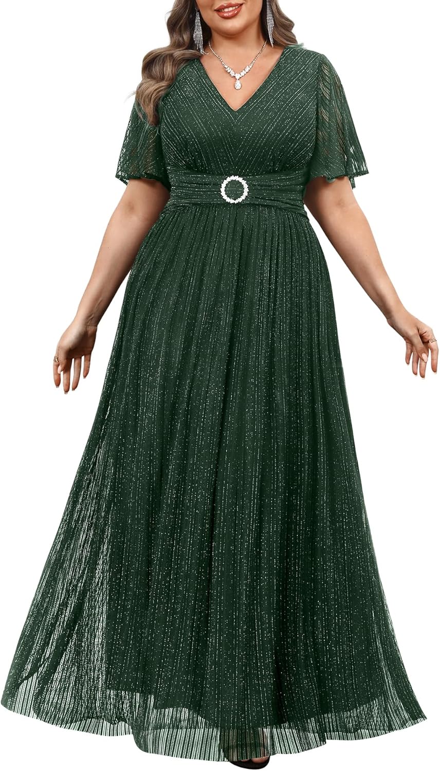 Plus Size Formal Dresses - Evening Gown Sparkly Sequin Glitter Prom Gala Ball Wedding Guest Maxi Dress with Short Sleeve - Image 2