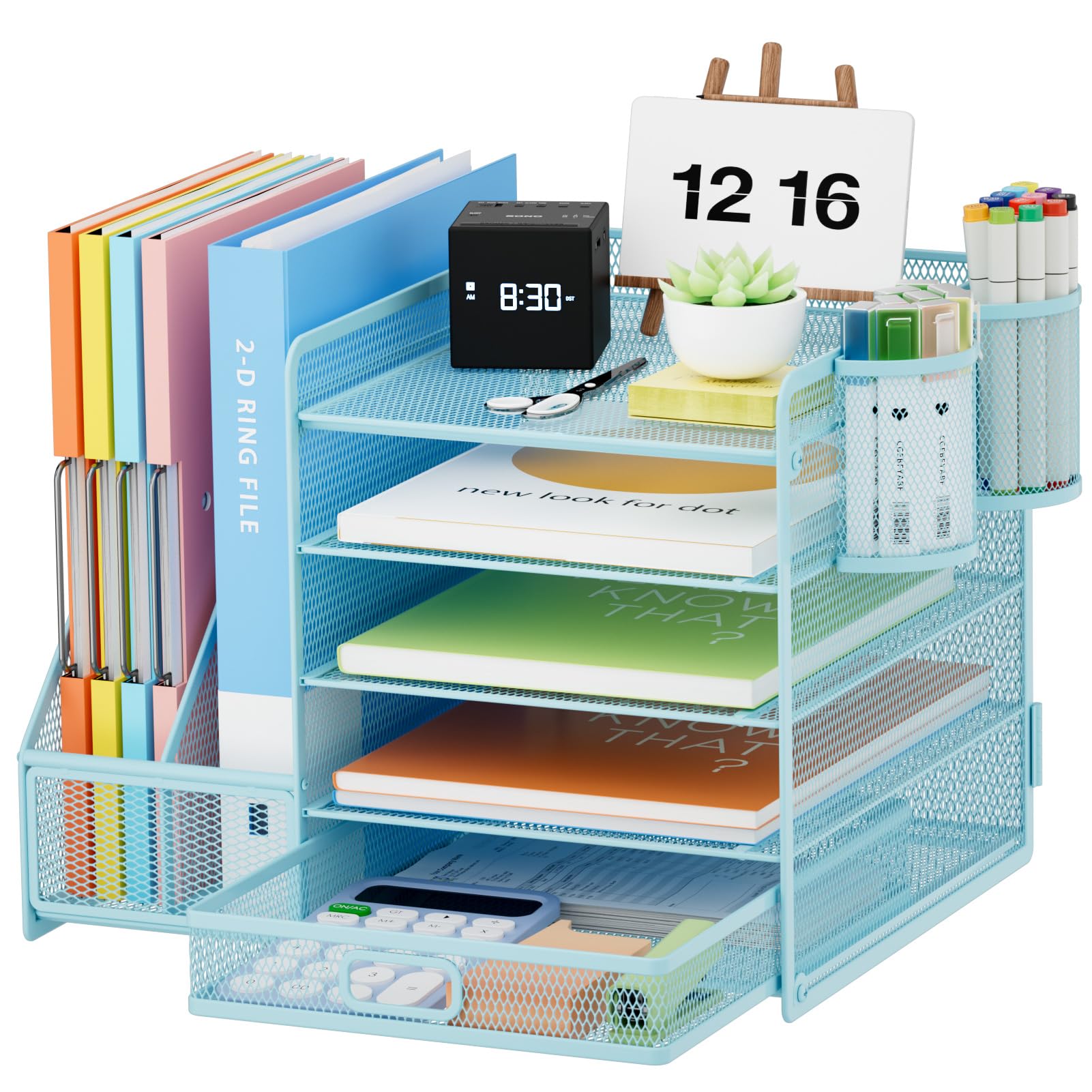 Marbrasse Desk Organiser File Holder,5-Tier Paper Letter Tray Organiser with Drawer,2 Pen Holder,Mesh Desktop Storage with Magazine Holder for Office Supplies(Blue) — image 1