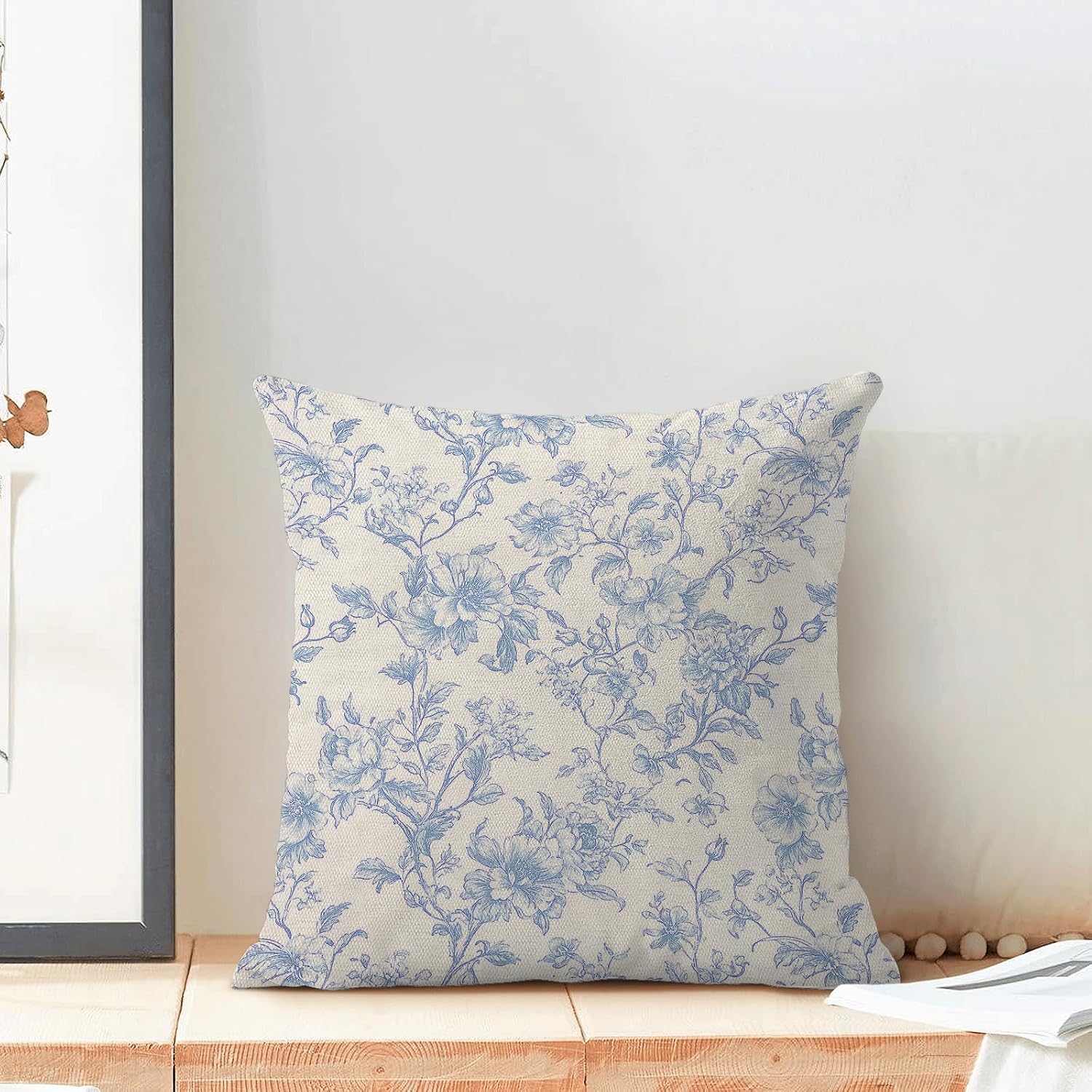 Vintage Baby Blue Pillow Covers 18x18 Set of 2 Chinoiserie Floral Throw Pillows Light Blue Flower Pillowcase Linen Outdoor Decorative Cushion Covers for Bed Sofa Couch image 3