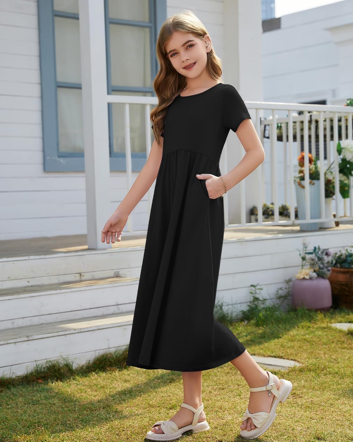 Girl's Summer Short Sleeve Loose Dress Casual Crewneck Empire Waist Long Maxi Dresses for Kids with Pockets 5-14 Years - Image 3