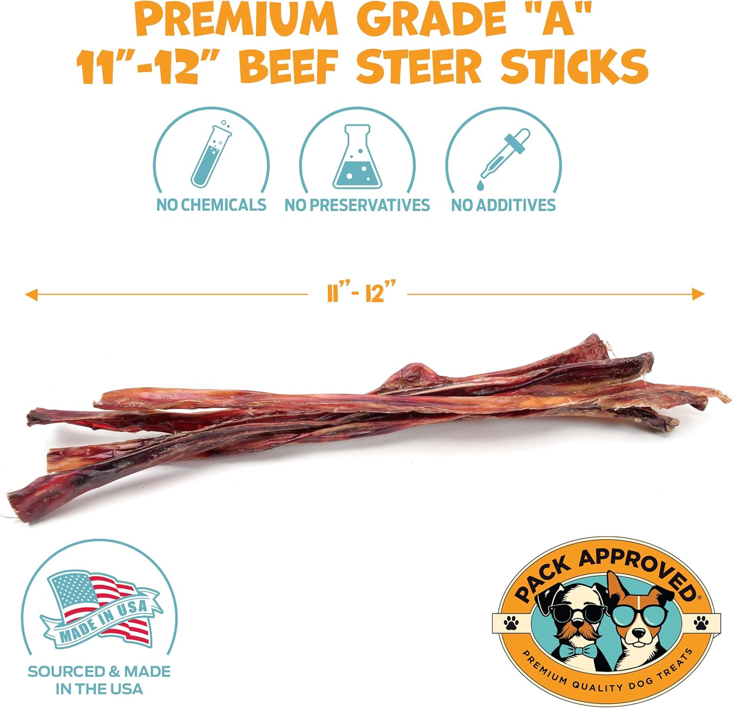 Pack Approved Steer Pizzle Sticks for Dogs Rawhide Free Dog Treats - Single Ingredient Bullysticks Natural Dogs Chews - Odor Free Bully Sticks - Fully Digestible Dog Chew Stick 11-12" (10 Count)