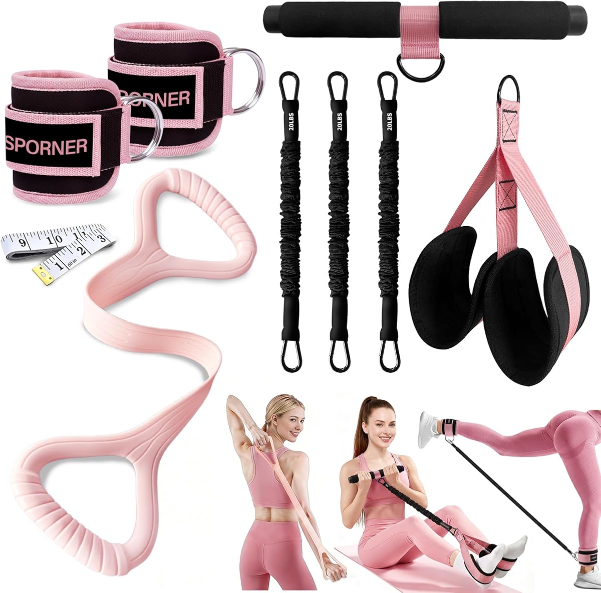 HIMSPORNER Adjustable Pedal Resistance Band with Handle, Ankle Resistance Bands with Cuffs, Figure 8 Resistance Band, Exercise Equipment for Waist, Arm, Core/ABS, Leg, Physical Therapy, Yoga, Pilates