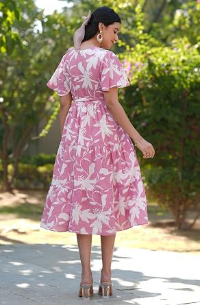 Janasya Women's Cotton Pink Floral Print Casual Wear Summer Dress for Women