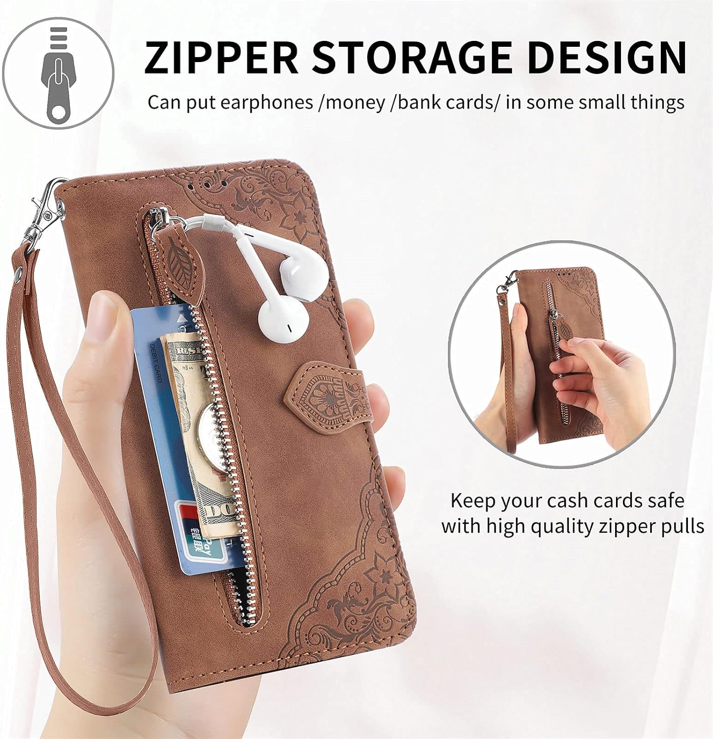 for Lively Jitterbug Smart4 Zipper Wallet Case with Strap,7 Card Holder Leather Flip Magnet Wallet Case with Money Pocket Full Body Protective Purse Case for Women for Jitterbug Smart4 -Brown image 3