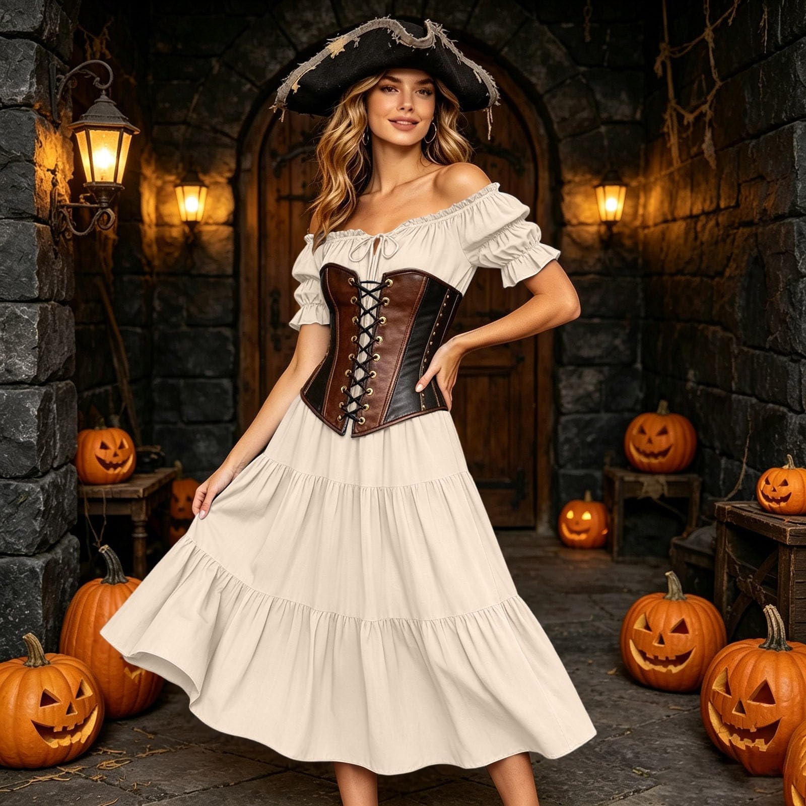 Vestido Medieval Mujer Corset,Vestido Medieval Atemporal Hombro Descubierto Con Cintura CordóN Elegante Casual Midi Fruncido Manga Larga Escote V PuñO Ajustable Cierre Botones Forro Interior Tejido