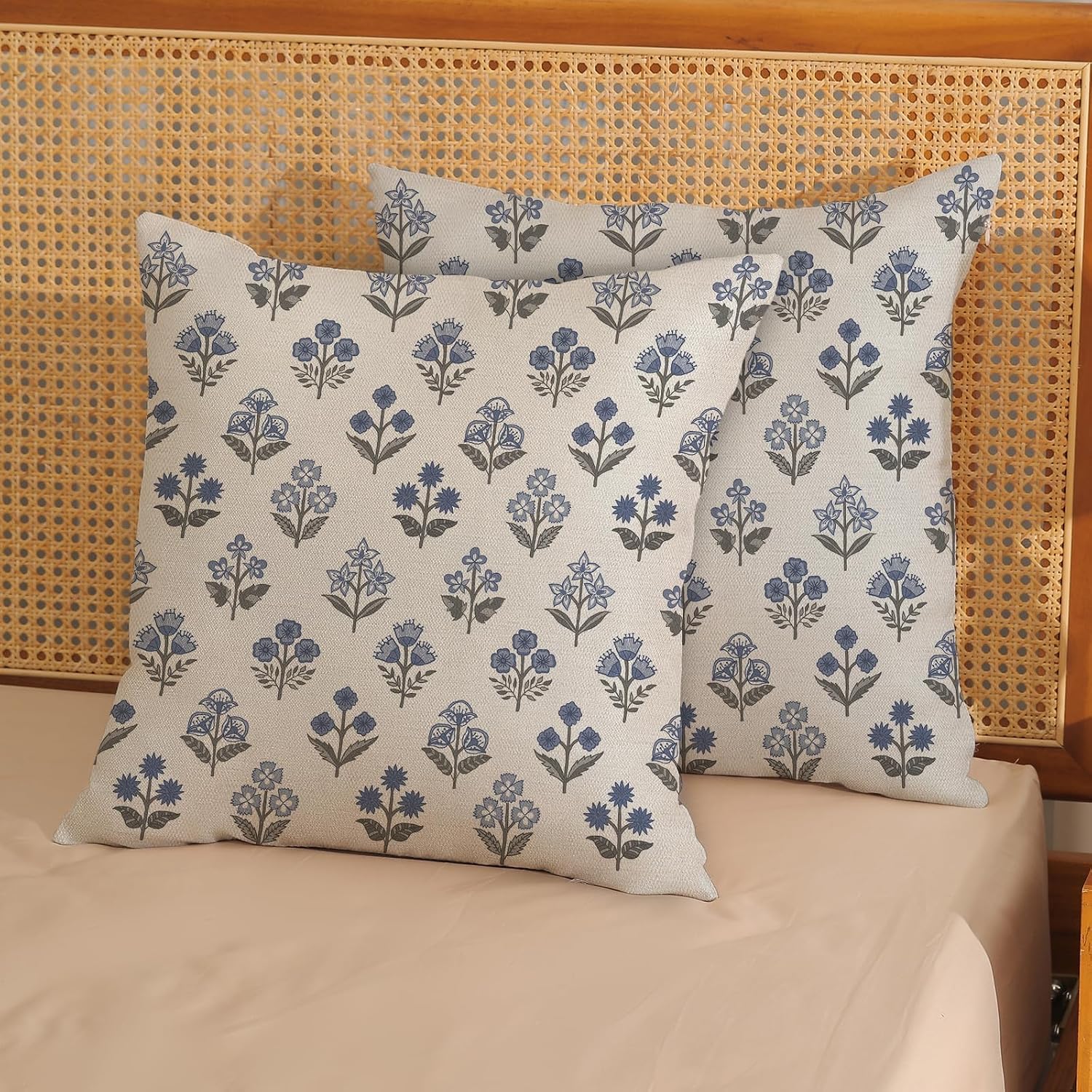 Blue Grey Pillow Covers 18x18 Inch 2 Pcs Gray Block Print Vintage Floral Decor Throw Pillows Boho Flower Spring Summer Outdoor Seasonal Decoration Pillowcase Linen Cushion Cover for Couch Sofa image 2