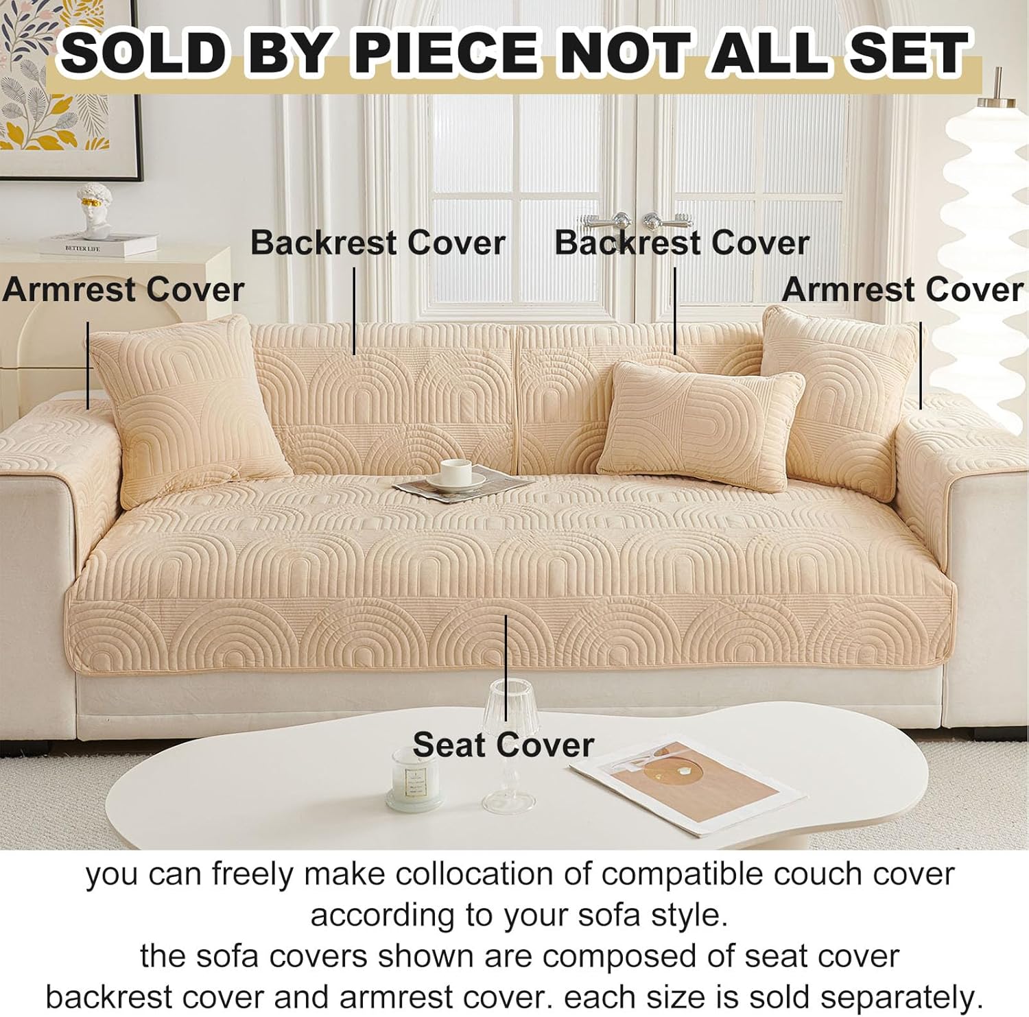 vctops Velvet Plush Couch Sofa Cover Geometric Quilted Sectional Couch Covers Non Slip Fluffy Soft Sofa Slipcover for Dogs, Children, Pets Furniture Protector (Champagne,43"x43")