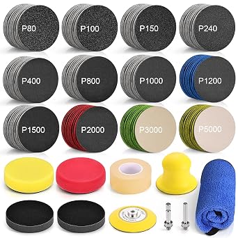 130Pcs Headlight Restoration Kit, 3 Inch Wet Dry Sanding Discs 80-5000 Grit with Drill Attachments & Polishing Pads, Car Headlight Lens Repair Set with Interface Pads and Masking Tape
