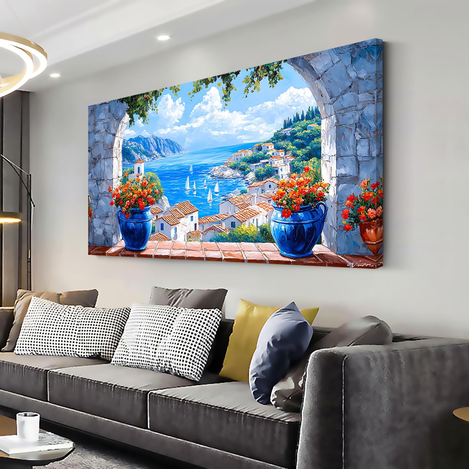 LAVIKARS Seascape Wall Art Navy blue Oil Painting Reproduction Print Modern window view Canvas Paintings Artwork Landscape Picture for Living Room Bedroom Home Kitchen Decor (20x40inch)