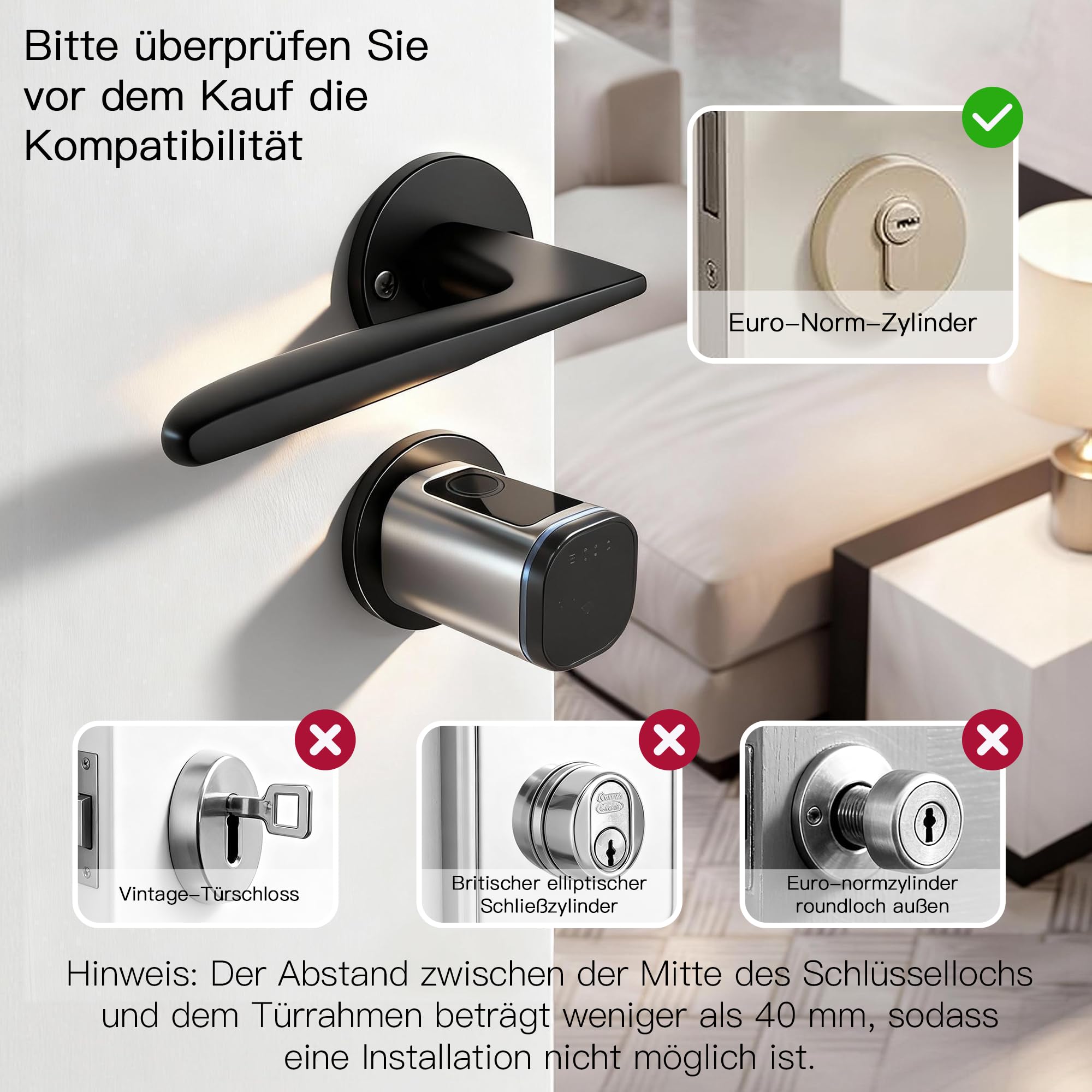 Türschloss Fingerabdruck, Smart Türschloss mit Fingerabdruck, Fingerabdruck-IC-Karte, Schlüssel, App, Haushalt, intelligente elektronische Schlösser, für 35-60mm Tür, Einfache Installation