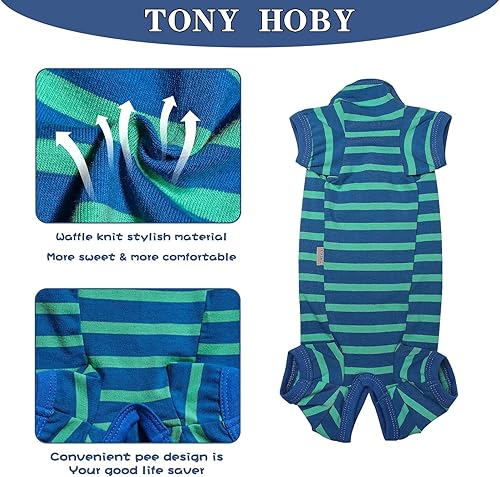 Miniatura 3 de TONY HOBY Pijama para perro mediano y pequeño, overol para perro con rayas de 4 patas, pijama suave para perros (azul y verde, niña, M)