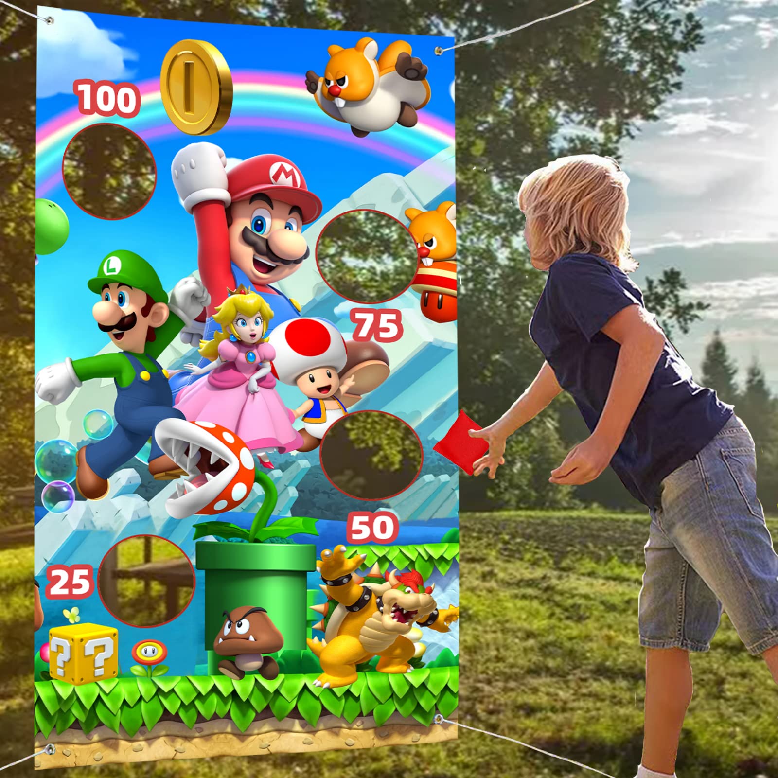 Maro Party Supplies, Game Themed Toss Games with 3 Bean Bags, Maro Party Games Fun Indoor Outdoor Sports Games for Maro Party Decoration