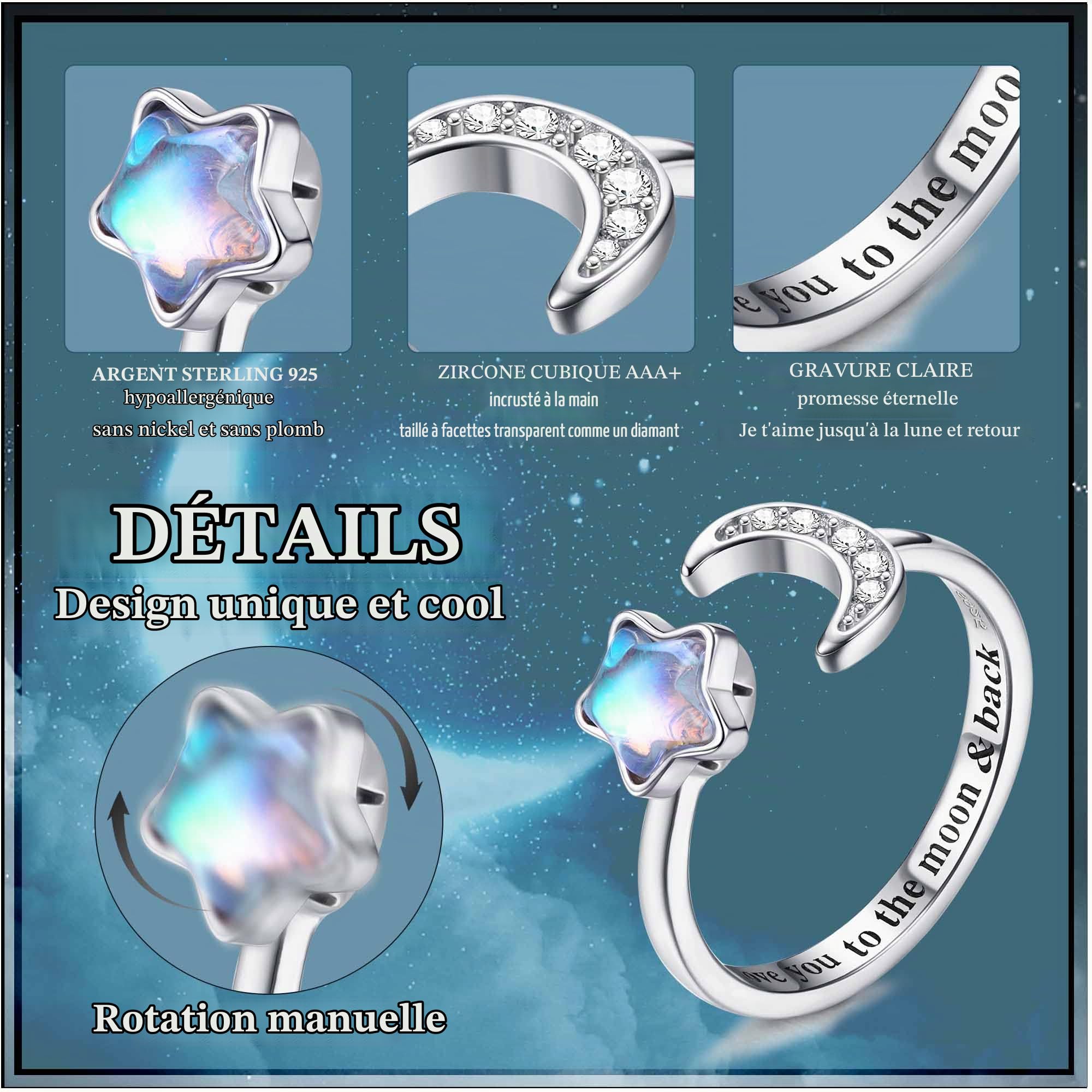 MILACOLATO Bague Anti Stress Pour Femme Fille En Argent Sterling 925 Ouvert Réglable Pierre De Lune Anxiété Anneaux CZ Lune Étoile Spinner Bague Lettrage Promise Fidget Bague Avec Coffret Cadeau