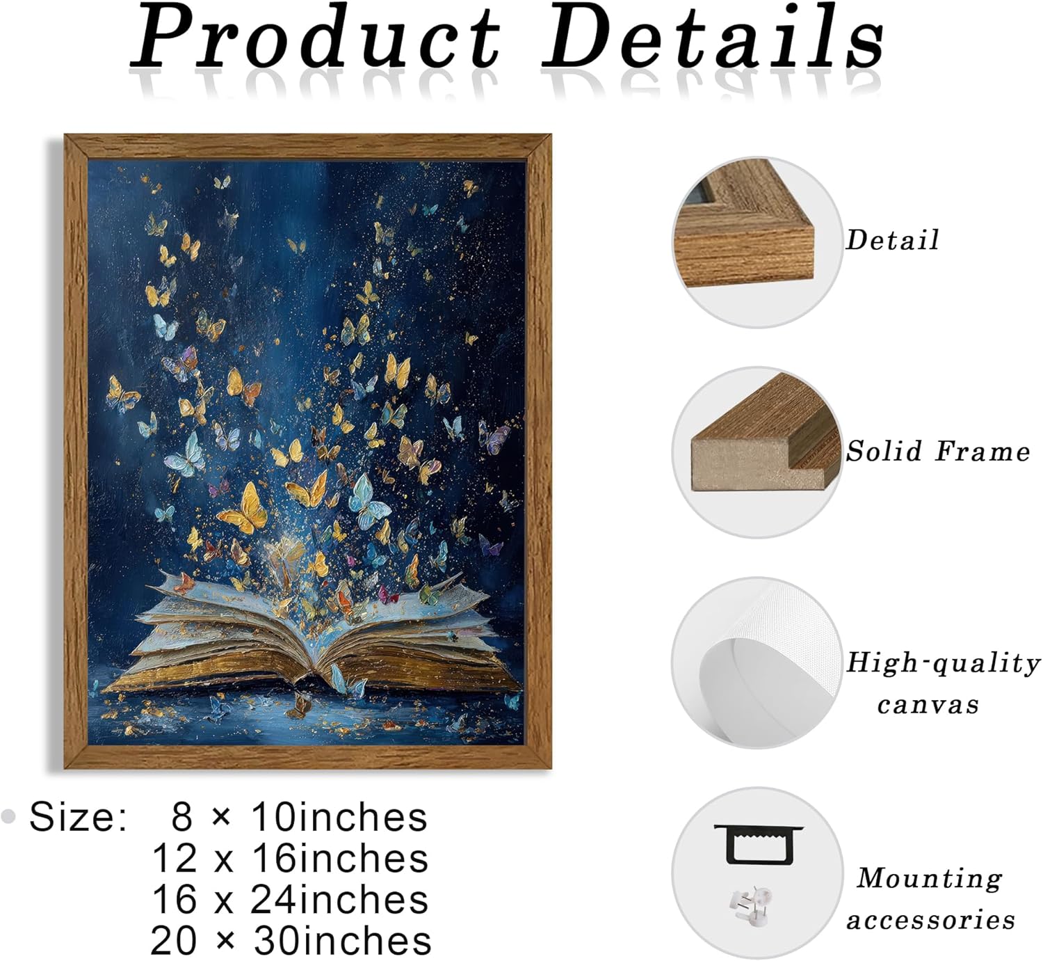 JLTULT Colorful Butterfly On Book Page Canvas Wall Art, Vintage Fantasy Butterflies Art Wall Decor, Modern Aesthetic Art Print for Bathroom Bedroom Living room Study 12x16 In Wood Framed Easy to Hang