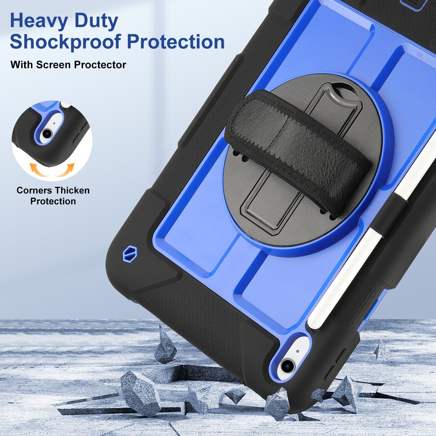 for iPad (A16) 11th Generation case11''(2025)/10th Generation case 10.9'' (2022),360°Rotatable Stand with [Screen Protector&Pencil Holder&Shoulder Strap] Shockproof Case (Black+Blue)