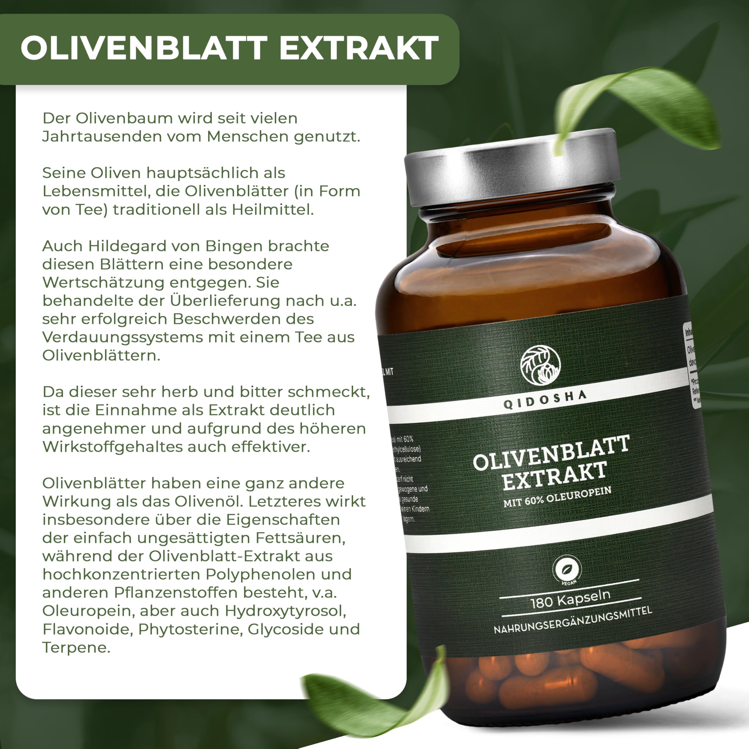 QIDOSHA® Olivenblatt Extrakt hochdosiert mit 60% Oleuropein, 180 Kapseln, höchster Oleuropein-Gehalt im Markt, jede Charge u.a. auf Pestizide und Schwermetalle in externem Labor geprüft