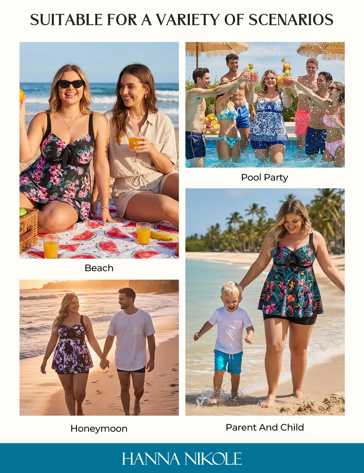 Hanna Nikole Costume da bagno da donna con controllo della pancia, tankini taglie forti, con scollo a V, cinturino regolabile, abbigliamento da spiaggia