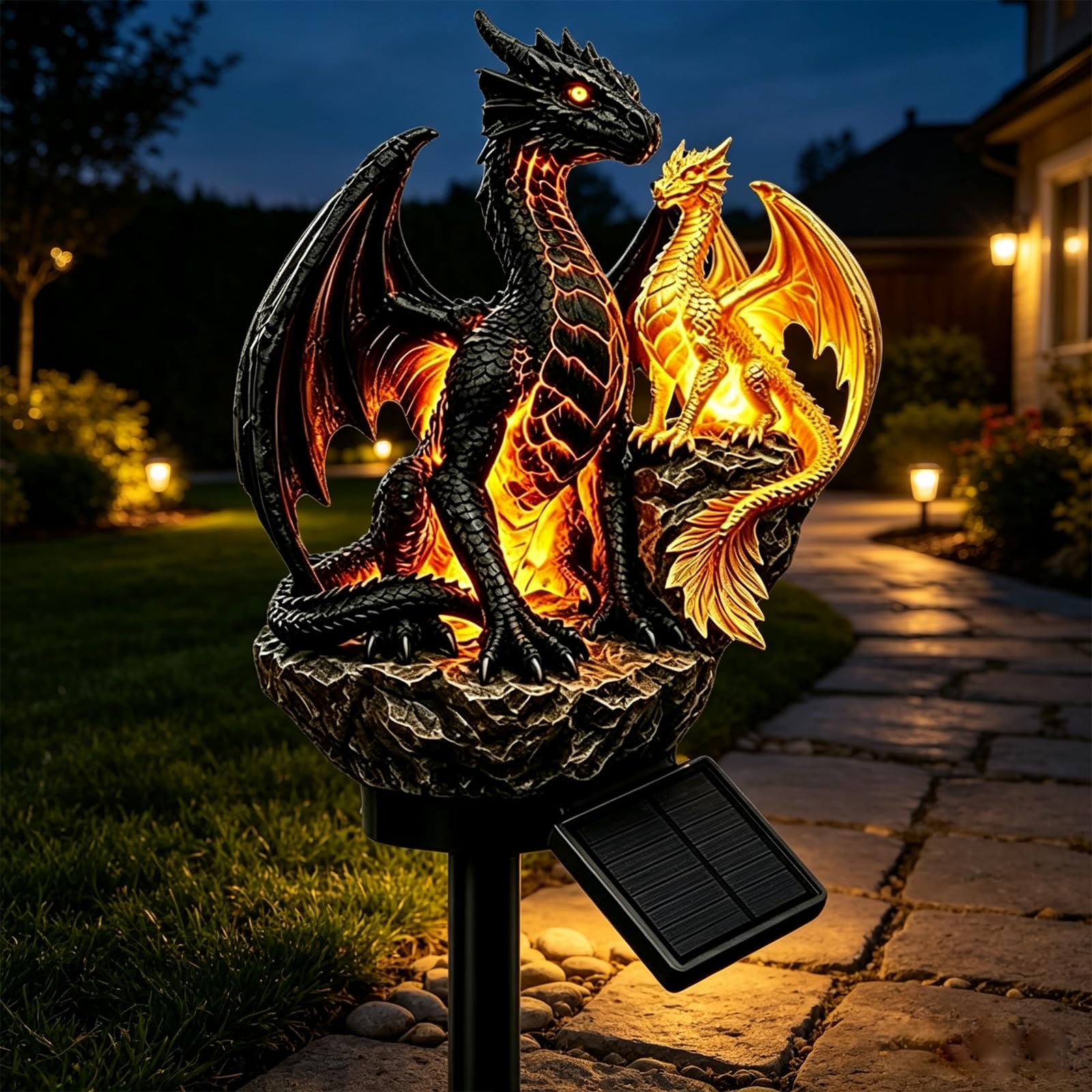 Solar Dragon Garden Statue with LED Lights, Solar Powered Dragon Lamp with Warm Glow Resin Garden Ornament, Gothic Fantasy Outdoor Decor for Lawn Patio Yard Pathway Halloween Decoration Lovers，B：1