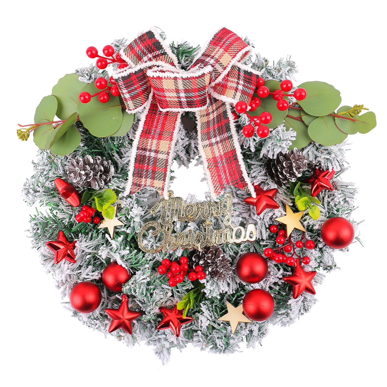Tsophreniq Christmas Wreath with Bowknot Seasonal Wreath with Christmas Sphere for Door or Fireplaces Enhancement Holiday Ornament
